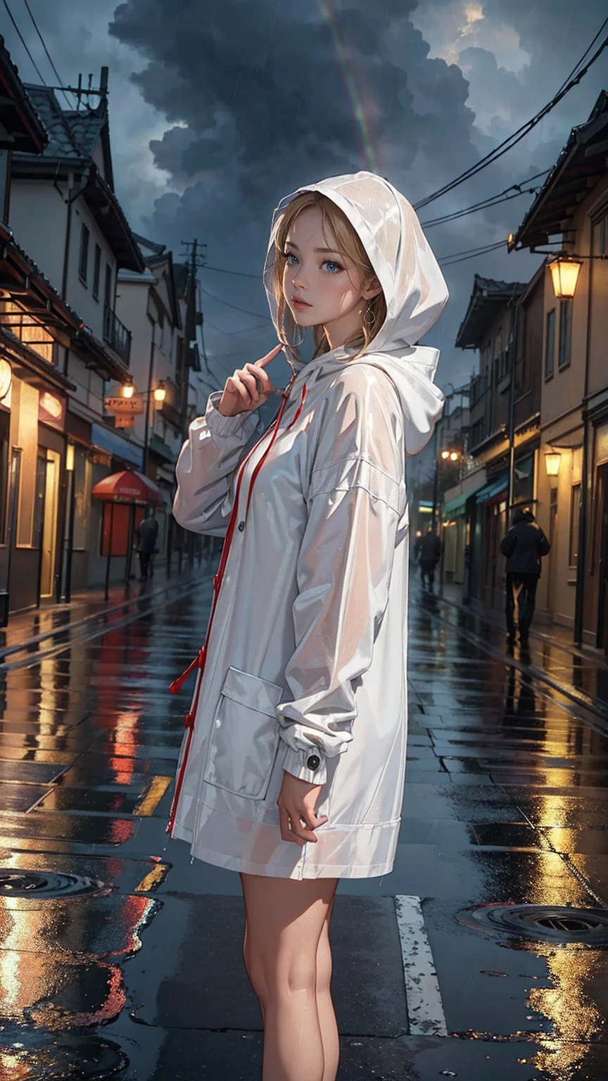 ((最high quality, 8K, masterpiece: 1.3, Ultra HD, high quality, 最high quality, High resolution, realism)) 、(high color saturation:1.0), (highly detailed skin), (最high quality:1.0), (超High resolution:1.0) ,(realistic:1.0), (Super detailed:1.0), (8K, Raw photo:1.1), slender、Slender, muscular body that&#39;s toned like an athlete&#39;s、white woman、blue eyes、blonde、Wear a raincoat、put on a hood、City with poor visibility due to rain、I&#39;m in the middle of the road、Sunlight shines through gaps in the thick rain clouds、there&#39;s a rainbow in the sky、Low angle view