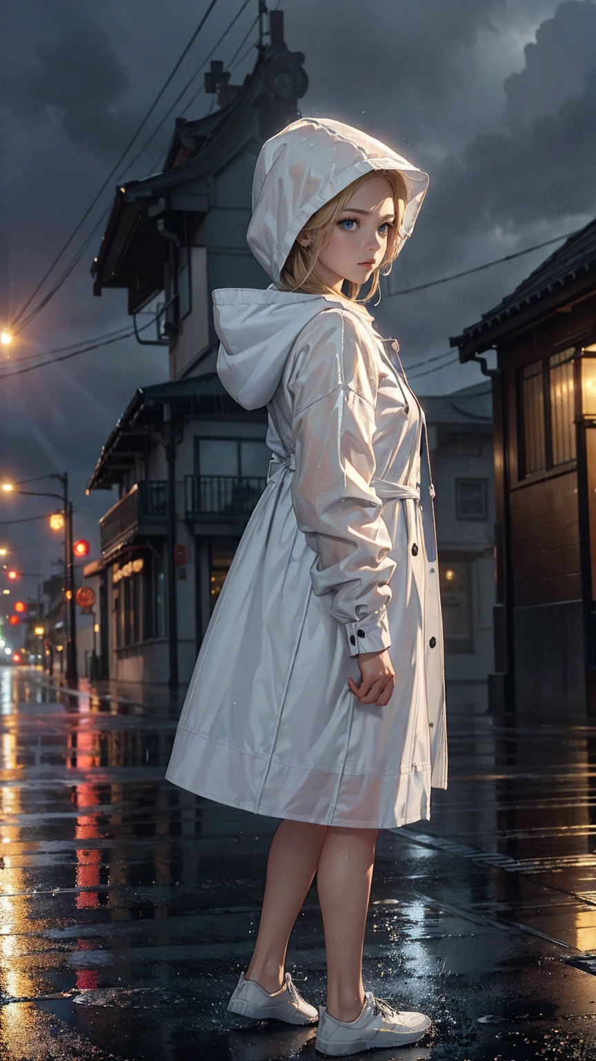 ((最high quality, 8K, masterpiece: 1.3, Ultra HD, high quality, 最high quality, High resolution, realism)) 、(high color saturation:1.0), (highly detailed skin), (最high quality:1.0), (超High resolution:1.0) ,(realistic:1.0), (Super detailed:1.0), (8K, Raw photo:1.1), slender、Slender, muscular body that's toned like an athlete's、white woman、blue eyes、blonde、Wear a raincoat、put on a hood、City with poor visibility due to rain、I'm in the middle of the road、Sunlight shines through gaps in the thick rain clouds、there's a rainbow in the sky、Low angle view