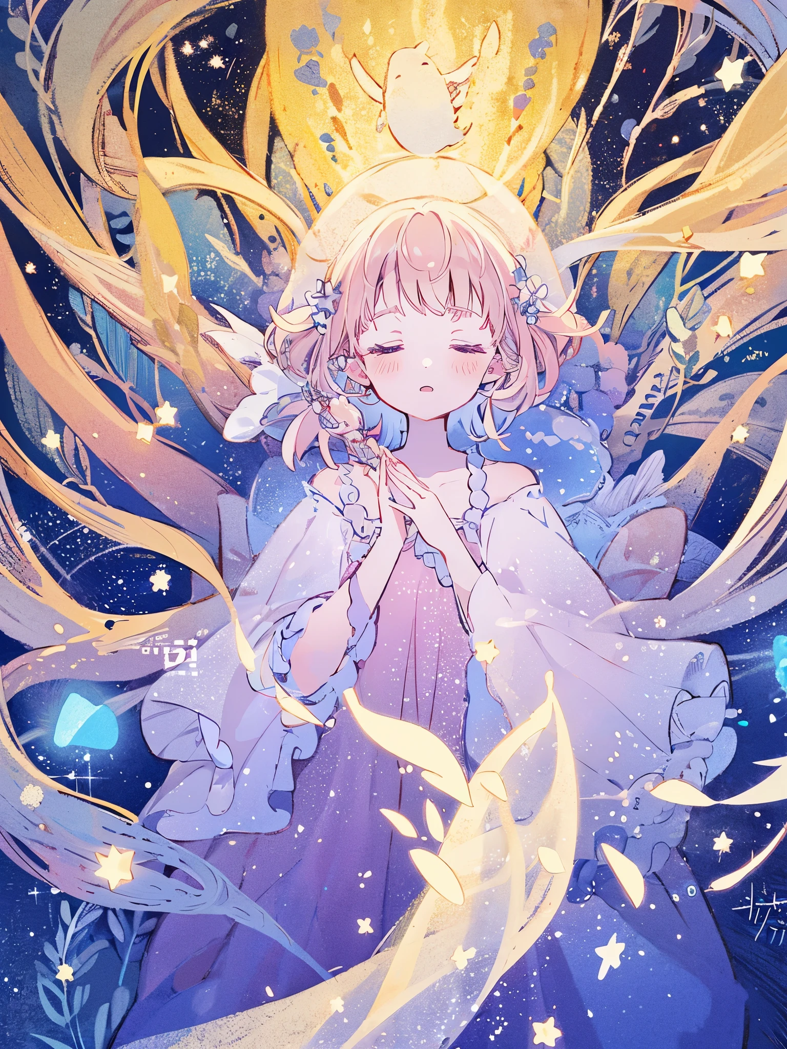 masterpiece, best quality, sharp focus, intricate details, complex background, wishing star background, a woman wearing an ethereal mystical pink translucent dress that reflects the stars, perfume promo art, mystic, complex drawing, highly detailed, Covergirl brand, promo art, artistic rendition, ethereal, starry night, midjourney style, perfection, golden ratio
