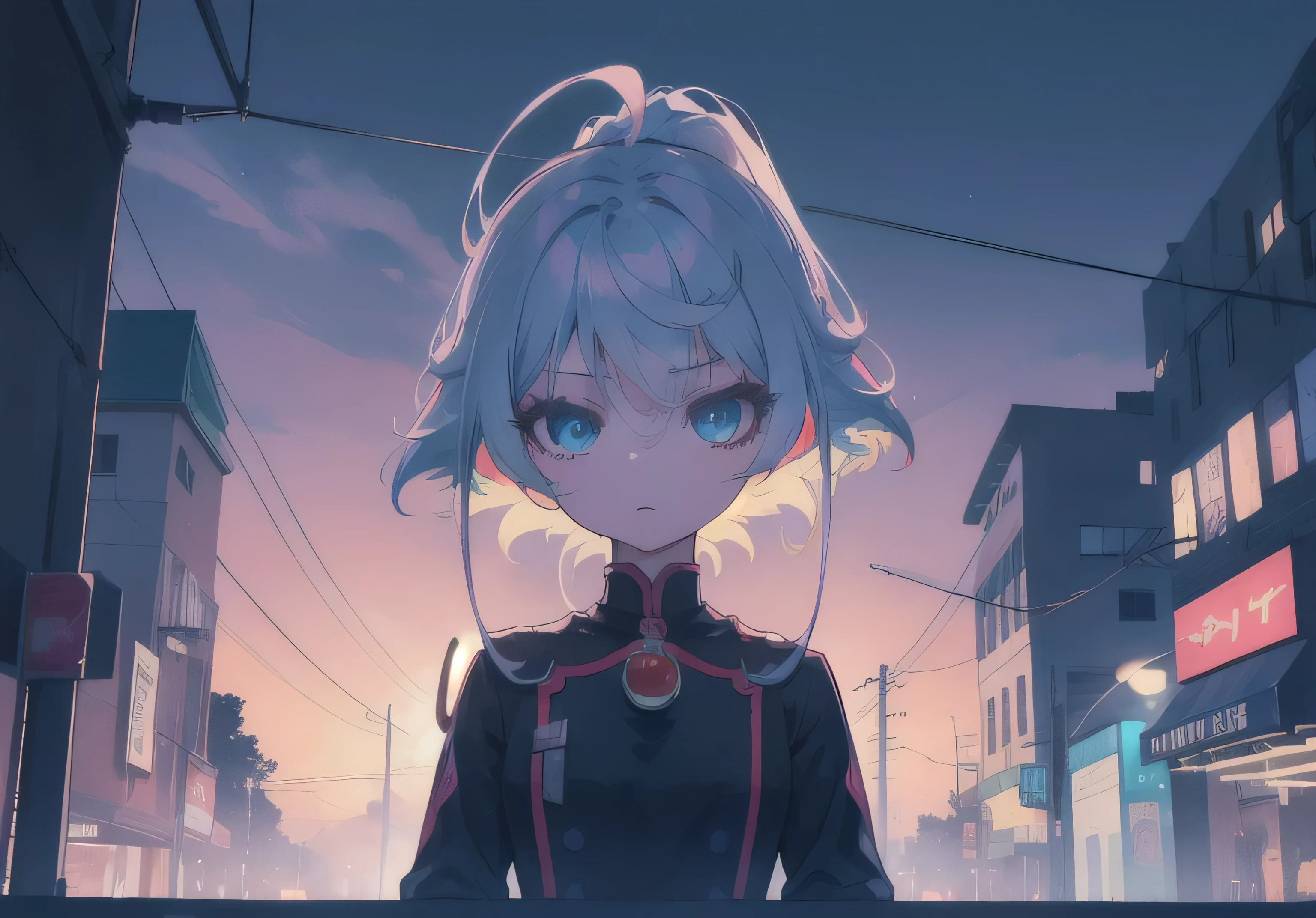 (Masterpiece, Best quality, Very detailed:1.3), Perfect configuration, 4K, (Very detailed, Overly detailed), Soft lighting, raw, Human development report, 8K textures, Maximum detail, Hight skin texture joint, Epic details, High acuity, 1girl, (Detailed eyes:1.3), (18 year old girl:1.3), (slim), (Big breasts), small, in the street, in public, Night Street, Night lights, Neon lights, Anime, clarification,
