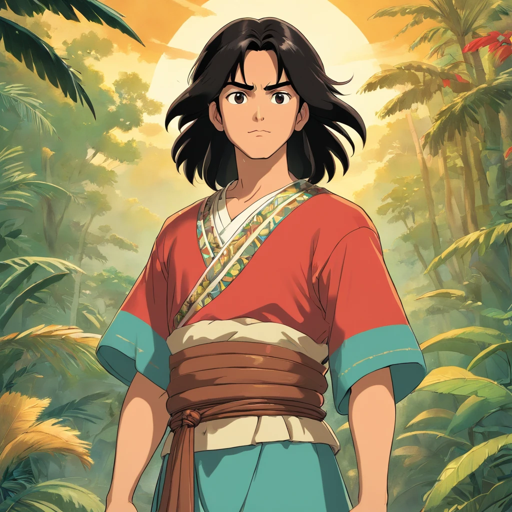 Colombia, year 300 AD, vintage metal embossing in the male native south american style of the time, handsome Cacique Maitamá, 33-year-old man. long, straight black hair down her back. Full-length-type image
