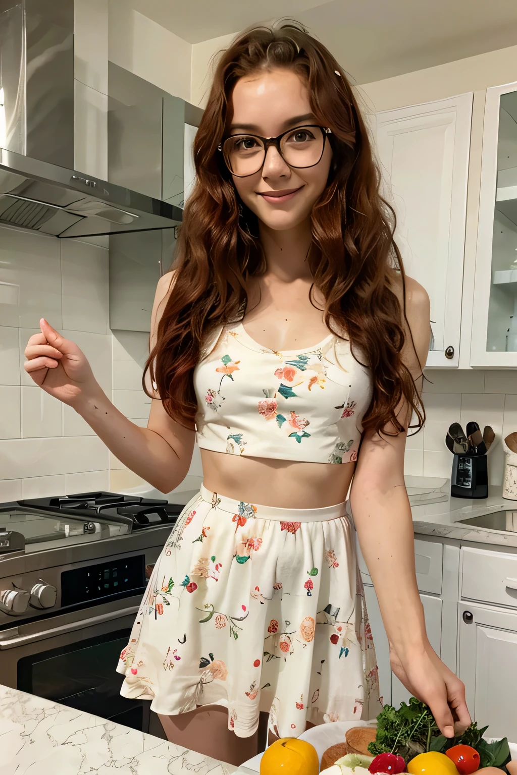 (16 year old girl) (floral dress) (slender body) (slender body), (red hair) (green eyes) (white skin) Freckles on face, big glasses making salad in bright kitchen, thin ????, thin thighs, (happy expression) full figure, western face, thin nose, sociable girl. Curly hair, curly hair, curly hair, long hair.