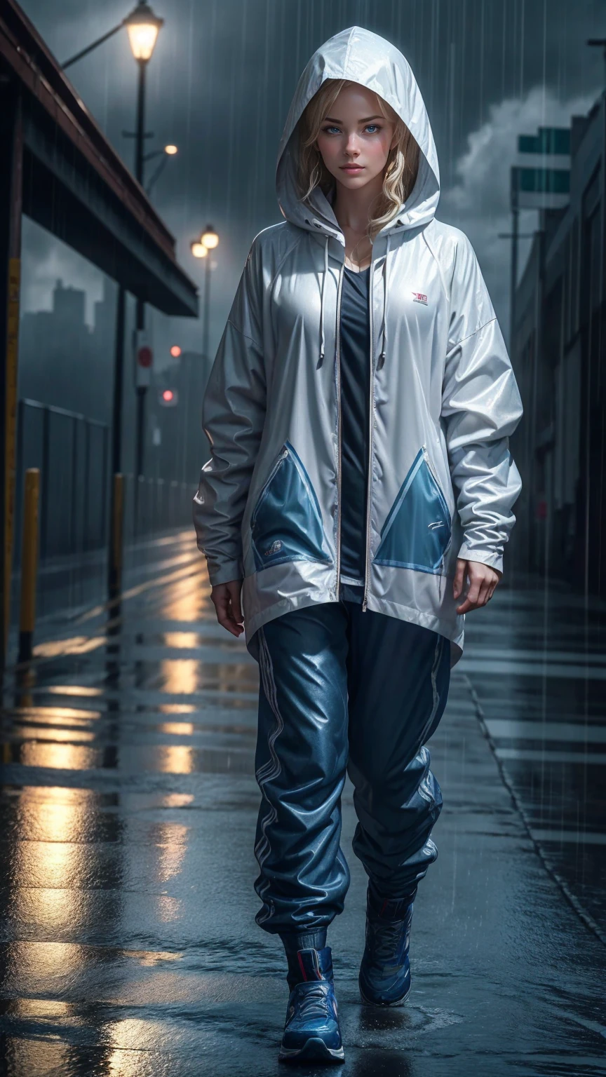 ((最high quality, 8K, masterpiece: 1.3, Ultra HD, high quality, 最high quality, High resolution, realism)) 、(high color saturation:1.0), (highly detailed skin), (最high quality:1.0), (超High resolution:1.0) ,(realistic:1.0), (Super detailed:1.0), (8K, Raw photo:1.1), slender、Slender, muscular body that's toned like an athlete's、white woman、blue eyes、blonde、Wear a raincoat、put on a hood、City with poor visibility due to rain、I'm in the middle of the road、Sunlight shines through gaps in the thick rain clouds、there's a rainbow in the sky、Low angle view