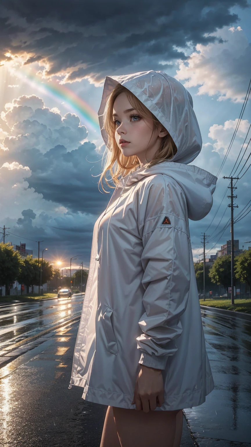 ((最high quality, 8K, masterpiece: 1.3, Ultra HD, high quality, 最high quality, High resolution, realism)) 、(high color saturation:1.0), (highly detailed skin), (最high quality:1.0), (超High resolution:1.0) ,(realistic:1.0), (Super detailed:1.0), (8K, Raw photo:1.1), slender、Slender, muscular body that's toned like an athlete's、white woman、blue eyes、blonde、Wear a raincoat、put on a hood、City with poor visibility due to rain、I'm in the middle of the road、Sunlight shines through gaps in the thick rain clouds、there's a rainbow in the sky、Low angle view