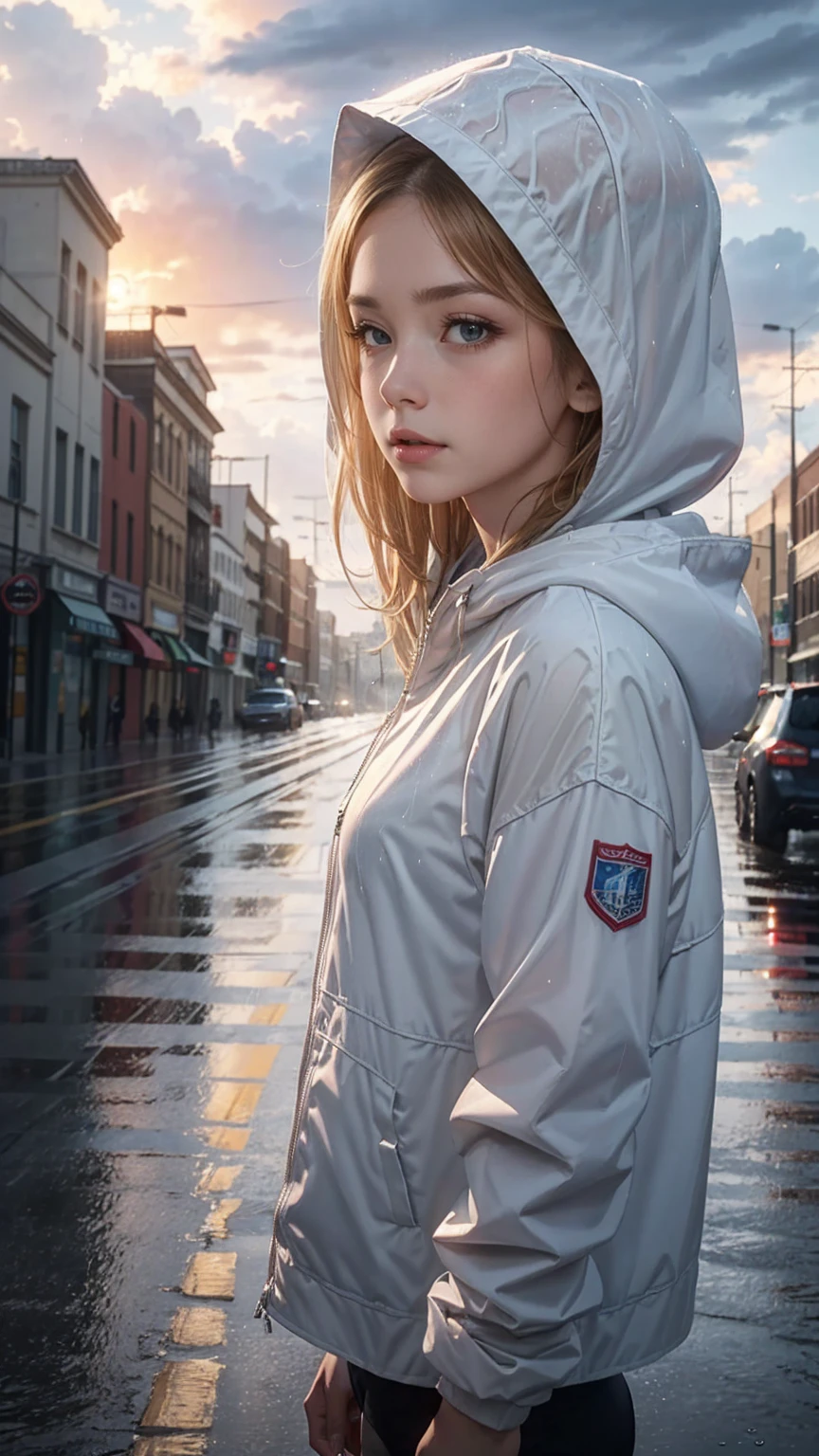 ((最high quality, 8K, masterpiece: 1.3, Ultra HD, high quality, 最high quality, High resolution, realism)) 、(high color saturation:1.0), (highly detailed skin), (最high quality:1.0), (超High resolution:1.0) ,(realistic:1.0), (Super detailed:1.0), (8K, Raw photo:1.1), slender、Slender, muscular body that's toned like an athlete's、white woman、blue eyes、blonde、Wear a raincoat、put on a hood、City with poor visibility due to rain、I'm in the middle of the road、Sunlight shines through gaps in the thick rain clouds、there's a rainbow in the sky、Low angle view