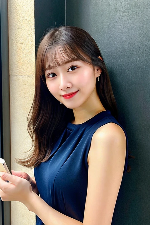 highest quality, shape, Super detailed, finely, High resolution, 8k wallpaper, ((I have a smartphone)), 完璧なダイナミックな構shape, beautiful and detailed eyes, dark blue suit, chignon, half up, small breasts, natural color lip, smile、indoor、20 year old girl、cute、taken from camera'point of view,perfect and beautiful face,blur the background, ((holding a smartphone)),