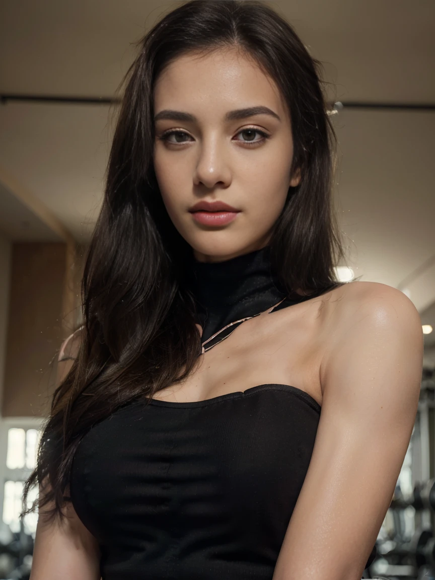 ((top quality, 8k, masterpiece: 1.3)), beauty, 1 girl, beautiful: 1.3, slender abs: 1.1, dark brown hair,back ultra detailed face, highly detailed lips, detailed eyes, double eyelids,black sport ware, gym background,