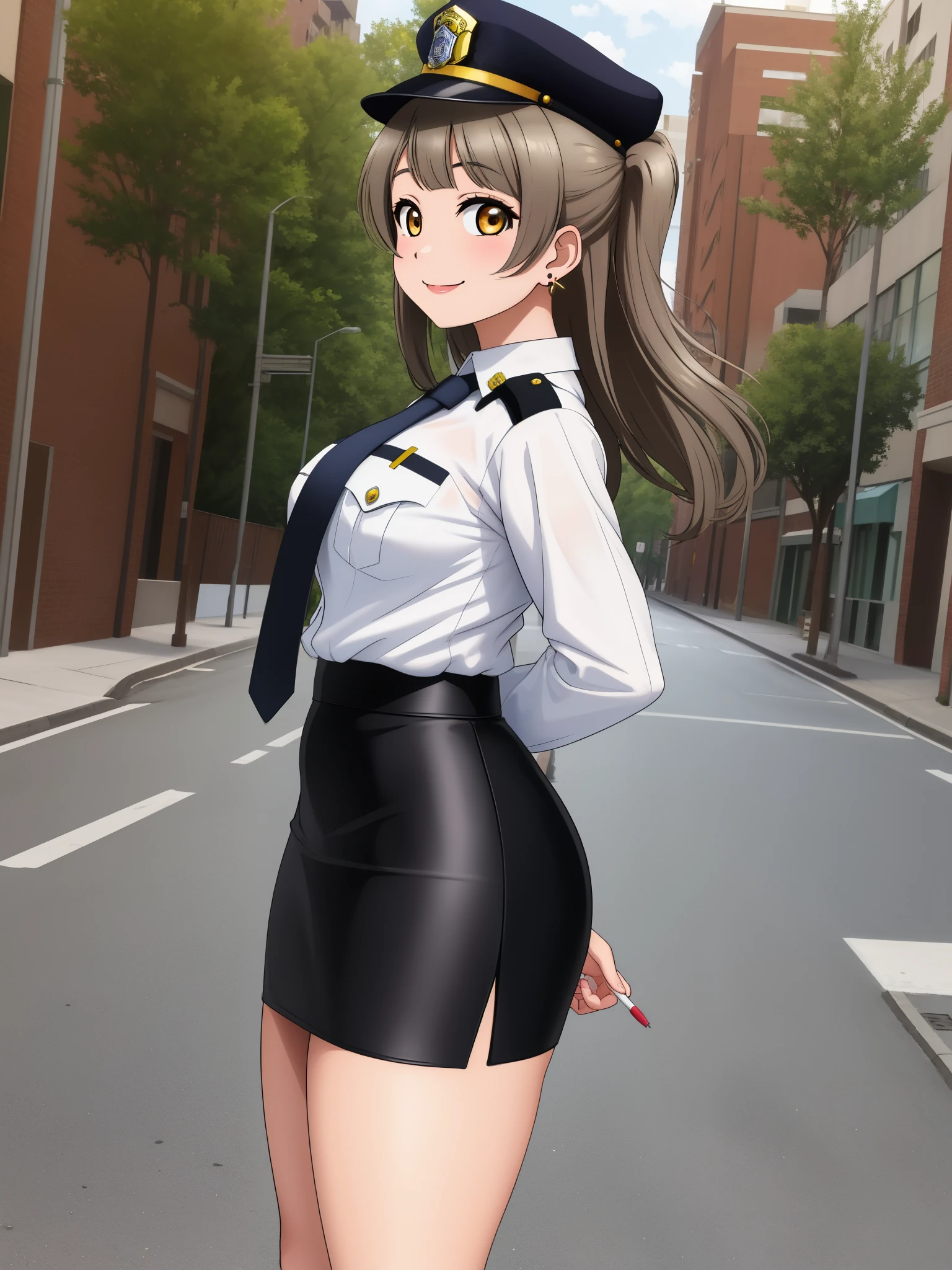 Masterpiece, best quality,solo, from side,(detailed face), minami kotori, curvy body, smile ,white shirt,half sleeves,earrings, short pencil skirt, necktie , standing,police cap,in street,looking at viewer, cowboy shot, thighs, wide hips , arms behind back