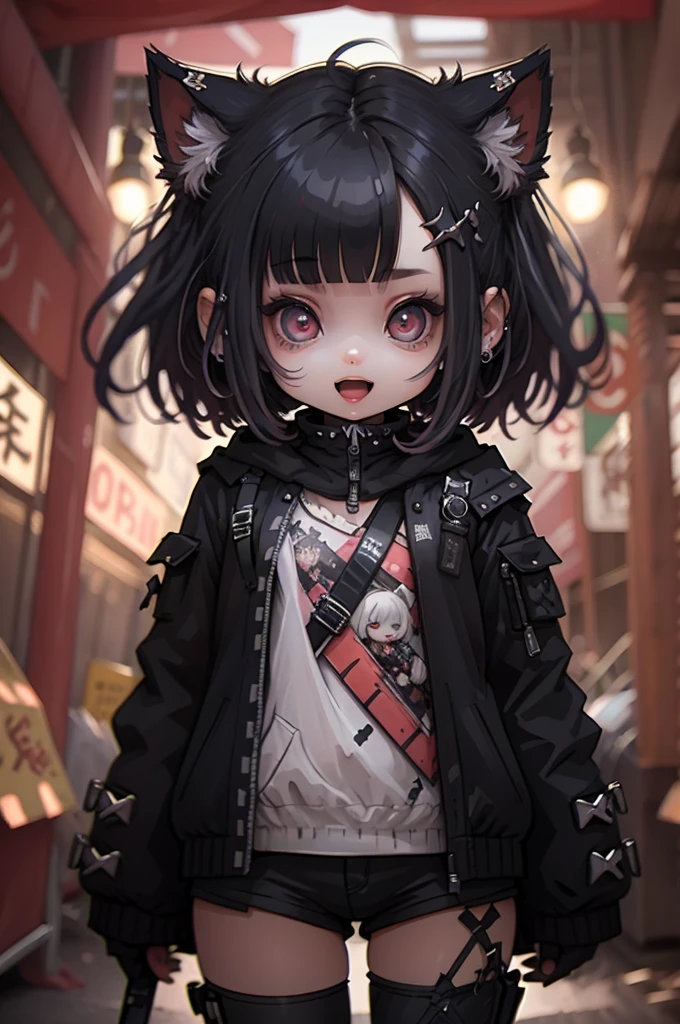 photorealistic,Figure, (chibi, flat, Nendoroid:1.5,plastic),1girl,cute, kawaii,small ???,smile,open mouth,hair floating,black hair and mesh by white,bobcut hair,pale skin,skin color blue,eyes are red,red eyes shining,big eyes,(tight tube top),breast,tight hot pants,stomach seen little,punk fashion,beautiful lighting, volumetric lighting, dynamic angle, (photographic portrait), sharp,