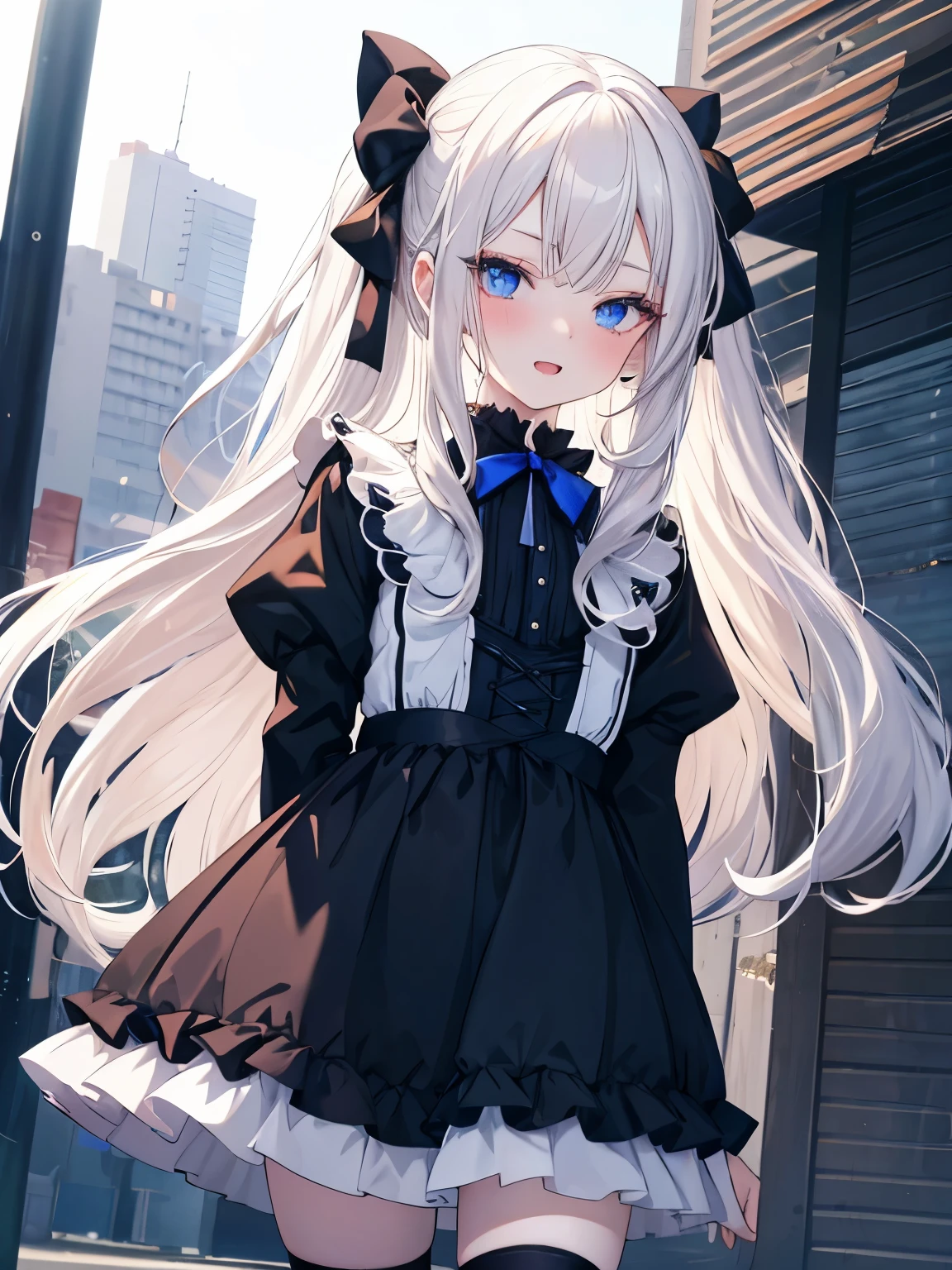 Masutepiece, Highest Quality, (Perfect face:1.1), (high detailing:1.1), (ultradetailed eyes),Dramatic,superfine illustration,Extremely detailed,1girl in,teenager,(pale skin),long white hair,Ethereal eyes,Simple eyes,empty eyes,Blue eyes,blush,Solo,Smile,Happy,Laugh,Enjoy, Open mouth,Pouty lips,Cinematic lighting,cowboy shot,Long sleeve,Gothic lolita, frilld,bow ribbon,knee high socks,outdoor,park