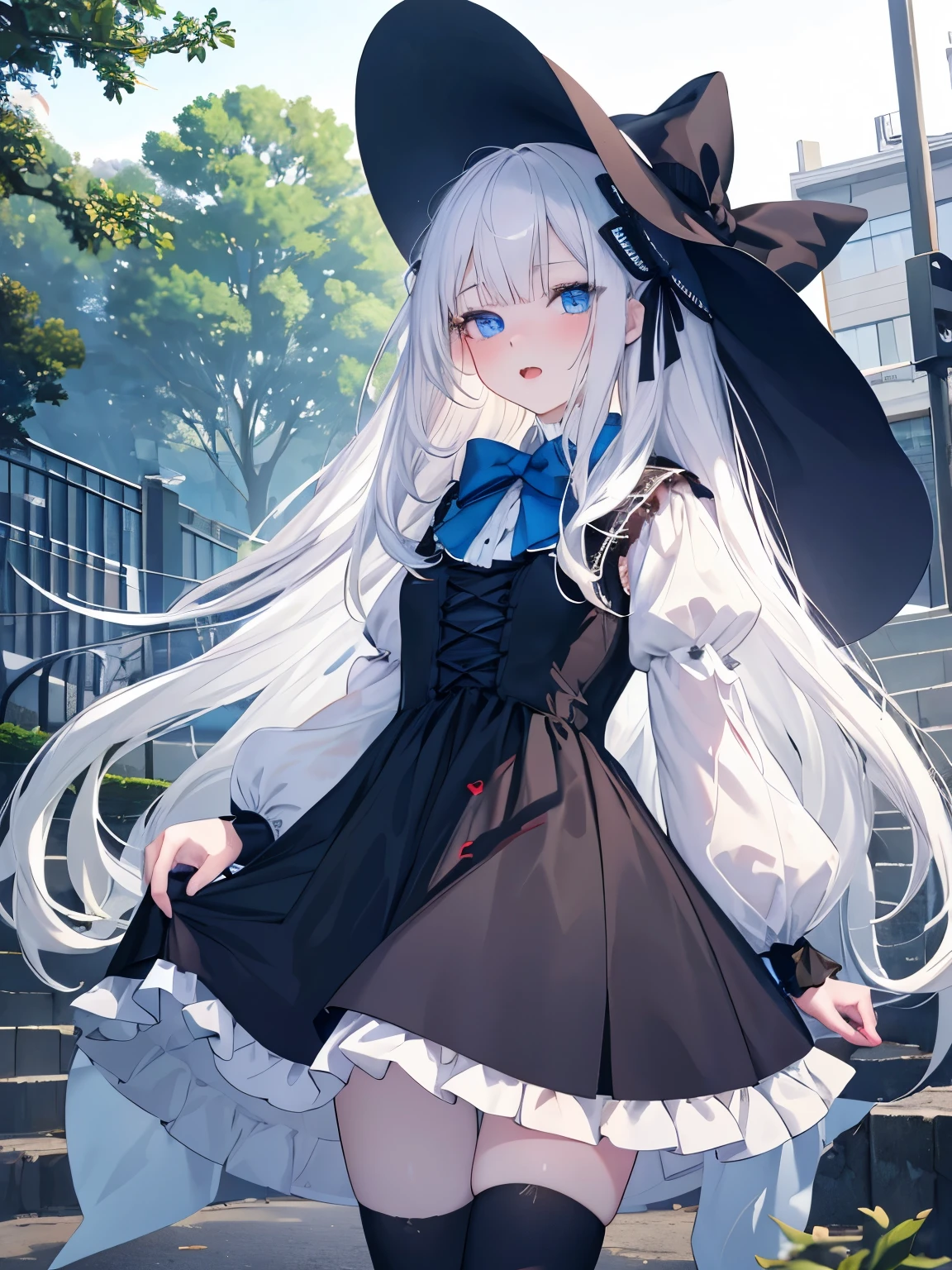 Masutepiece, Highest Quality, (Perfect face:1.1), (high detailing:1.1), (ultradetailed eyes),Dramatic,superfine illustration,Extremely detailed,1girl in,teenager,(pale skin),long white hair,Ethereal eyes,Simple eyes,empty eyes,Blue eyes,blush,Solo,Smile,Happy,Laugh,Enjoy, Open mouth,Pouty lips,Cinematic lighting,cowboy shot,Long sleeve,Gothic lolita, frilld,bow ribbon,knee high socks,outdoor,park