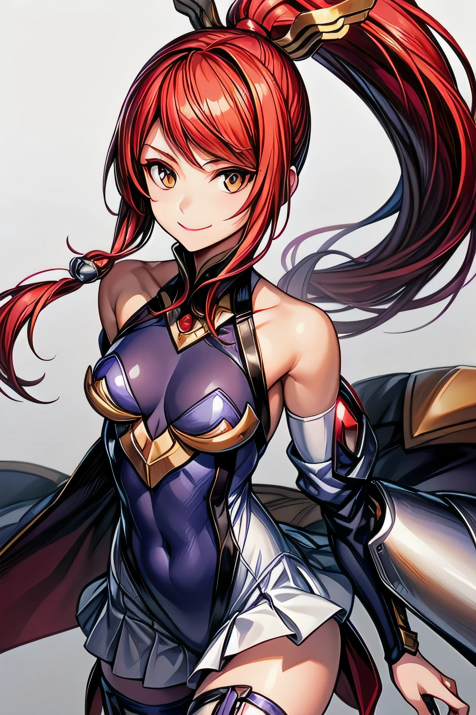 Izayoi (blazblue), orange eyes, red hair, ponytail, long hair, Small , armor, , boots, skin tight, skirt, thigh boots, thighhighs, 1girl, solo, facing viewer, looking at viewer, upper body, smile, 
