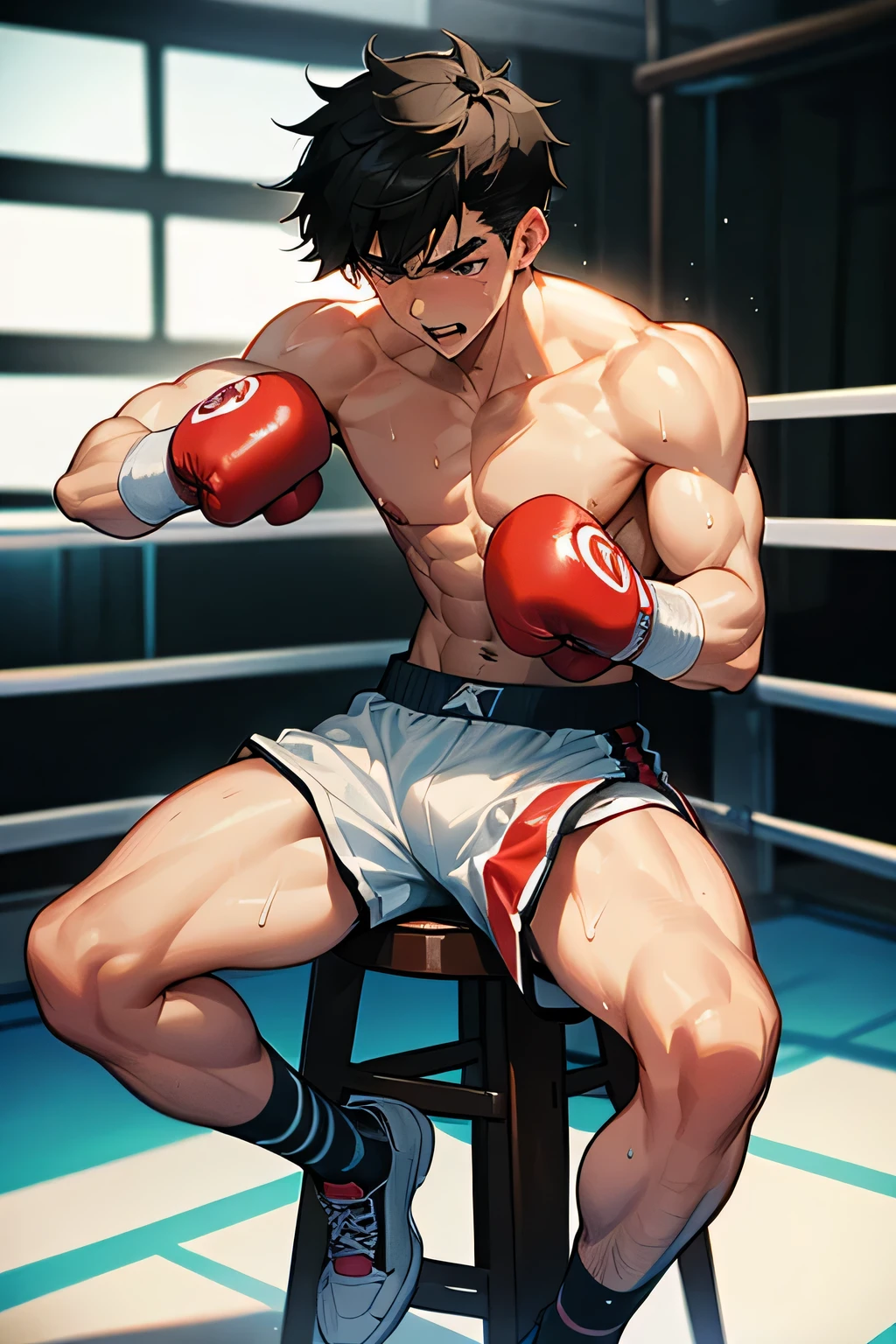 shirtless, super muscular, sweat-drenched body, 22-year old short black hair handsome caucasian male wearing boxing gloves, sweat-drenched white boxing shorts and boxing shoes, panting, sitting on a stool in the corner with coach, in the boxing ring