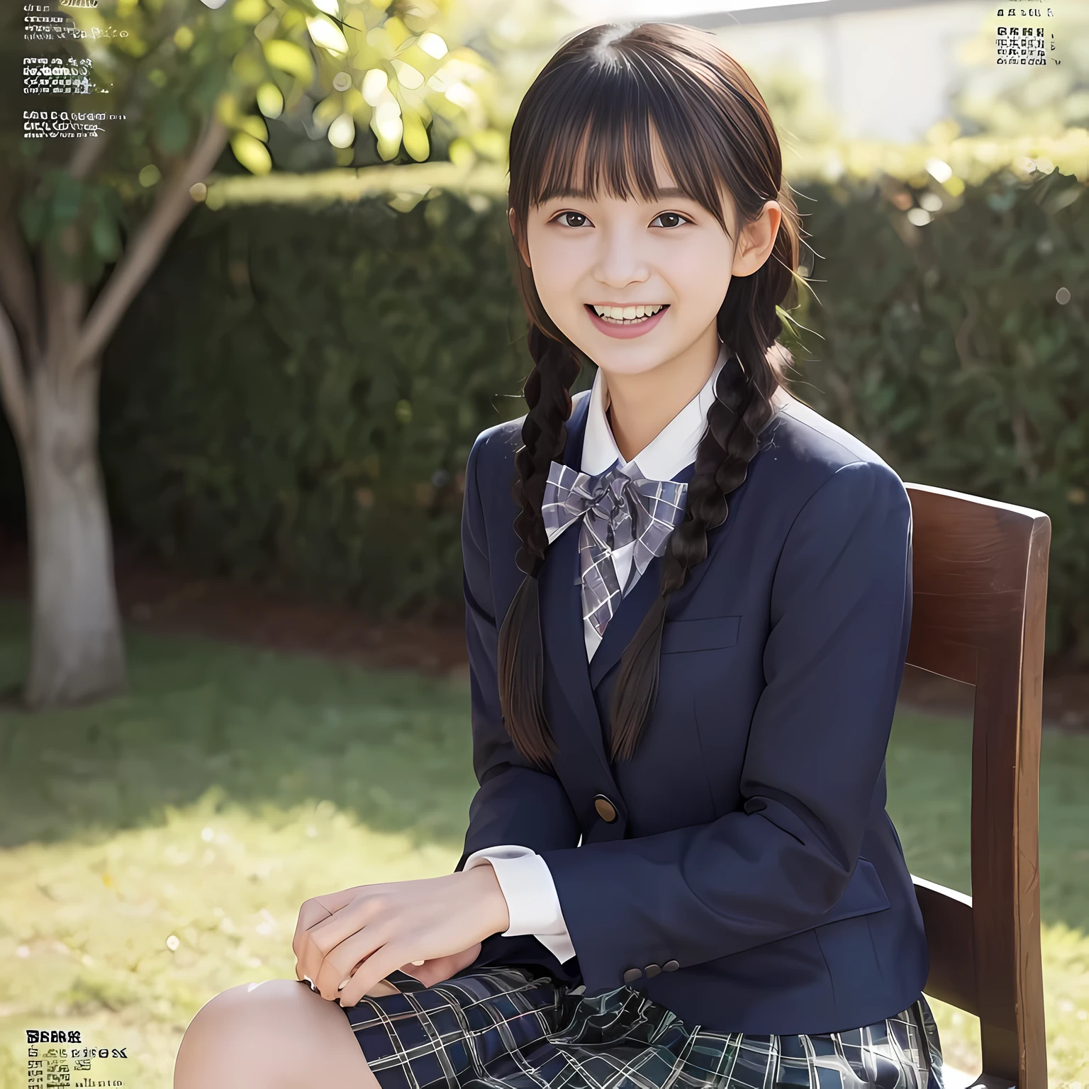 (highest quality、masterpiece:1.2)、highest quality、realistic、photograph、High resolution、1080p、8K、The face is especially pale., physical rendering、((Height: 155cm)), one Japanese girl、((A 15-year-old Japanese junior high school student is sitting)), (((Fashion model in a Japanese magazine))), , (((big very detailed beautiful dark brown eyes))), ((blue girly large wine-red glossy polyester Japanese school ribbon bow tie)), (((black beautiful long twin braids hair))), ((((deep blue colored tartan checkered formal long pleated pleated skirt)))), ((A unpatterned formal dark blue blazer in solid that is slightly oversized and has an emblem on the left chest.)), ((((((laughing at me!)))))), mouth is open, The large blazer and skirt are very cute., detailed fingers, Slender body, ((curled bangs)), so beautiful, long eyelashes, ((Very big and very very very cute eyes of a Japanese girl)), ((large pupils)), double eyelids, The entire skirt is photographed, thin eyebrows, ((drooping eyes)), ((long eyelashes)), ((cute lovely lovely laughing laughing cheeks)), ((Pure white light hits her face from above and in the front, making her skin and eyes shine beautifully.)), ((Strong light hits the nose and cheeks、It brings out the richness of the expression.)), (((((Her face is expressive, pure and very intelligent.))))), (((shot from behind)))