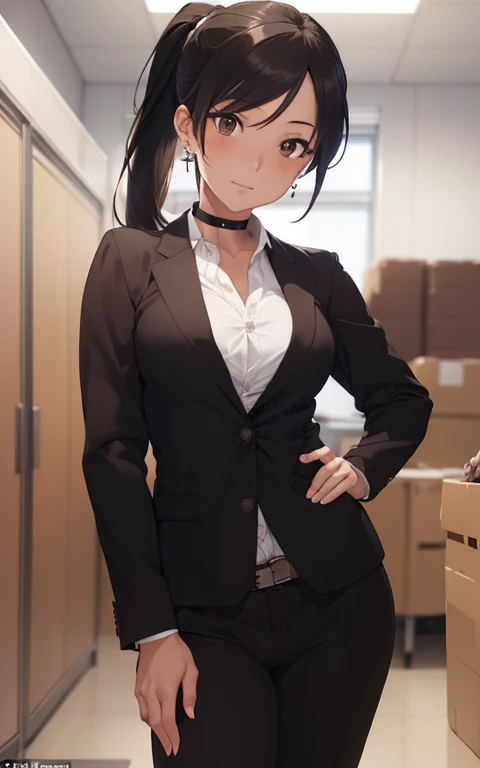 ((pleaning forward:1.3, from front:1.3, stick out one's crotch:1.3)), (sexy poseasterpiece), (best quality), (intricate detailed), (Hyperrealistic), absurd res, perspective, highly detailed, detailed background, illustration, 1girl, perfect hands, detailed fingers, beautiful detailed eyes, perfect eyes, seductive eyes, (medium chest), milf, mature woman, brown eyes, CEO, (business outfit:1.2), pants suit, suit jacket, black choker, earrings, a woman in the office room, a white wall, (ecstasy), high ponytail

