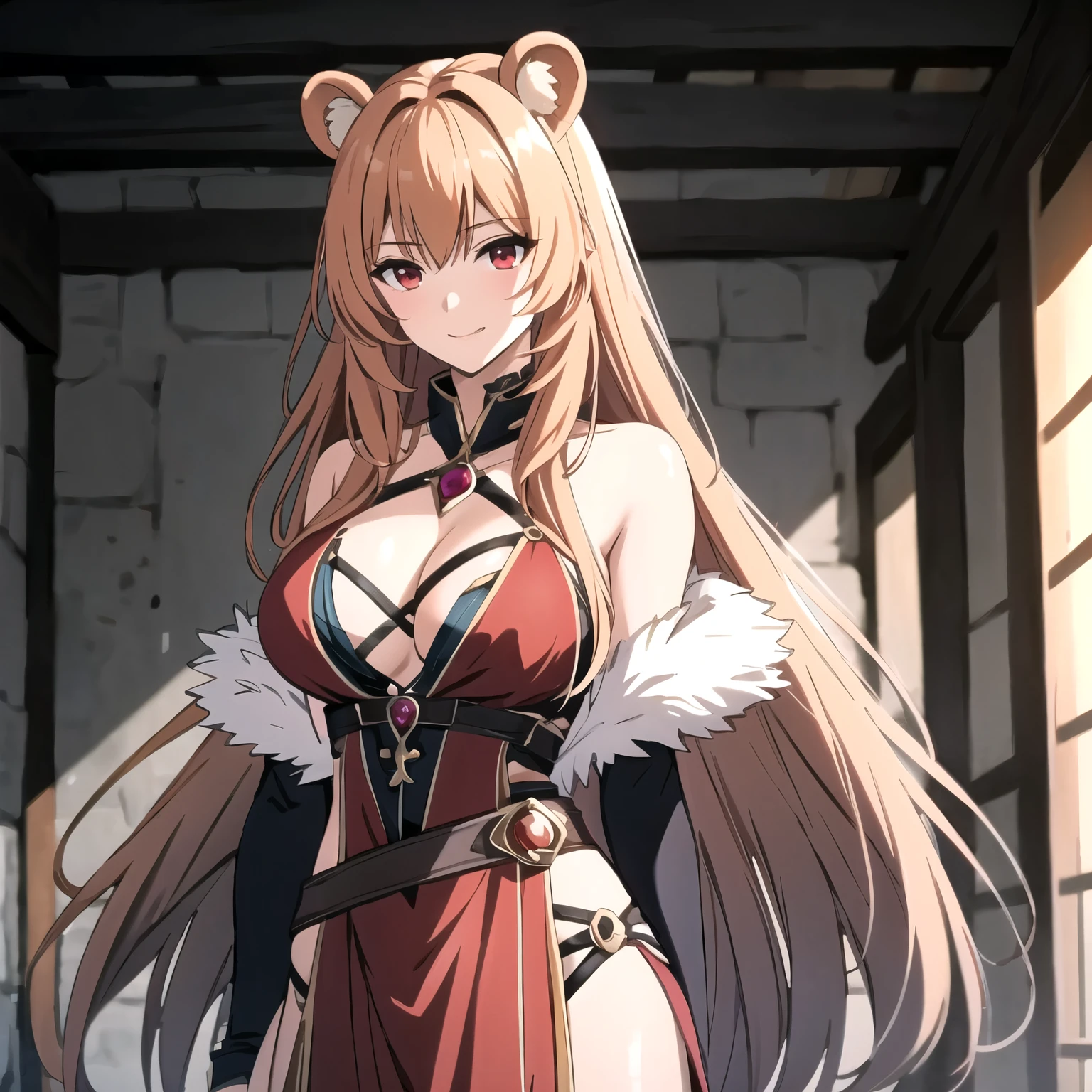 1 mujer. Raphtalia woman 24 years old orange blonde hair, orejas de oso, red eyes like rubies, piel clara, pechos grandes valquiria, valkyrie costume blue color mythology, fondo Valhala. High warm, valquiria. ropa de valquiria azul. sonrisa hermosa.