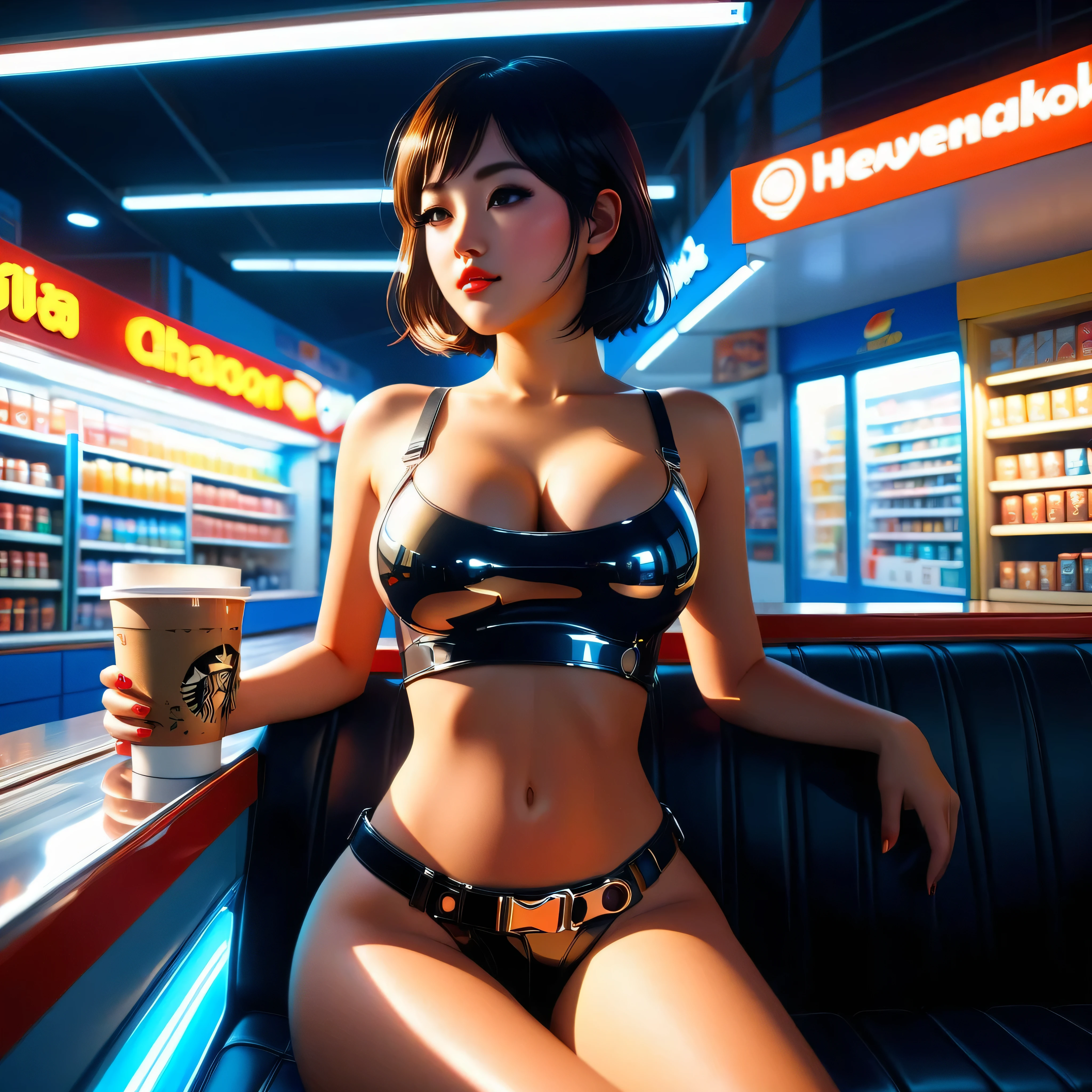 midnight nebulae starry_sky spacious moonset, A ultradetailed beautiful panting of a stylish girl wearing crop top in a convenience store, Oil painting, by Ilya Kuvshinov, Greg Rutkowski and Makoto Shinkai, heavenly beauty, barely clothed, ultra_high-details, ultra_high-quality, ultra_high-definition, ultra_high-resolution, UnrealEngine5 ultra Cinematic_sunLight, Epic tmasterpiece, dynamic composition, ultra-professional photorealistic, ultra-detailed, large breasts, BREAK holding a coffee cup, BREAK (car indoors:1.2 deep path equirectangular) passenger seat (seatbelt:1.2), glass, "Heavy Metal" chrome, extremely detailed, reflection, reveal transparent, varies multi etc. --v 6 --s 1000 --c 20 --q 5 --chaos 100