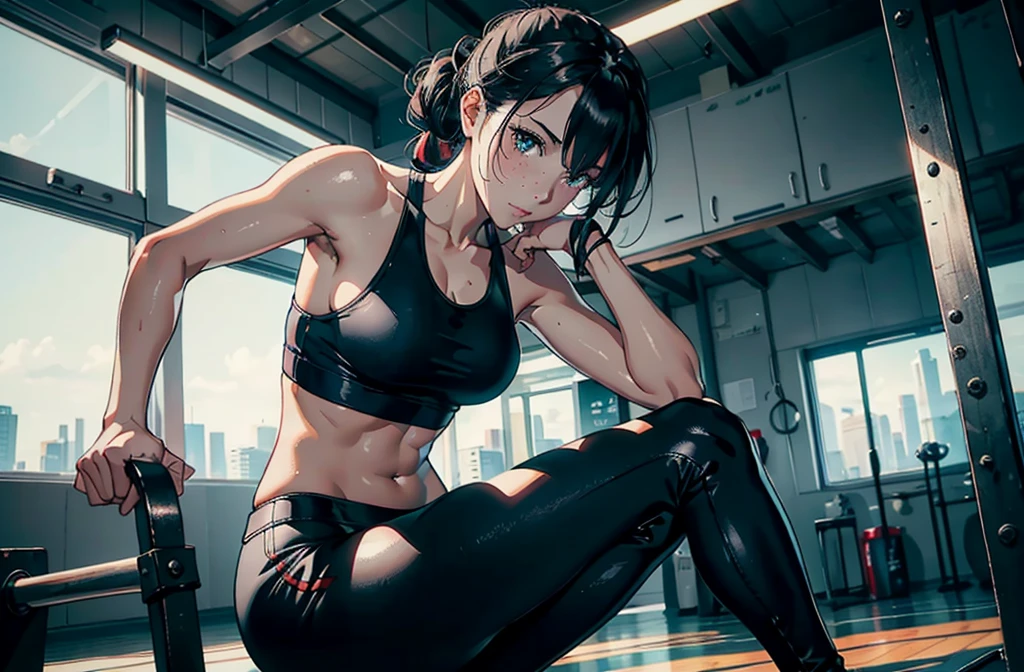 (ultra-realistic rendering, highest quality), ((highest quality, 16k, masterpiece: 1.3)), (beauty, 1 girl), (realistic photo shot in a dark studio), (medium full body shot), (28 year old girl posing sexy in gym), (Sexy sports outfits), sports leggings, play sports often, beautiful and detailed face, small breasts, pale skin, heavy makeup, (realistic glowing skin), masterpiece, highest quality, High Resolution Scan, (professionally color graded), sharp focus, rim lighting, 薄darkです, two-tone lighting, dark, Tifa,Elbows in front, Planck,young sensual gravure idol, Glossy skin that looks wet!!, shiny silver, cute freckles,((beautiful skin)),((skin texture)),((Real Touch)),healthy, Ruddy, Hair tied up with a rubber band,beautiful clavicle,