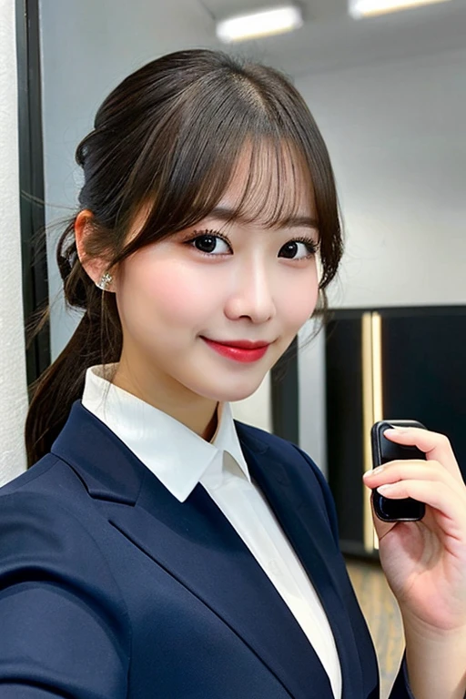 highest quality, shape, Super detailed, finely, High resolution, 8k wallpaper, ((I have a smartphone)), 完璧なダイナミックな構shape, beautiful and detailed eyes, dark blue suit, chignon, half up, small breasts, natural color lip, smile、indoor、20 year old girl、cute、taken from camera'point of view,perfect and beautiful face,blur the background, ((holding a smartphone)),