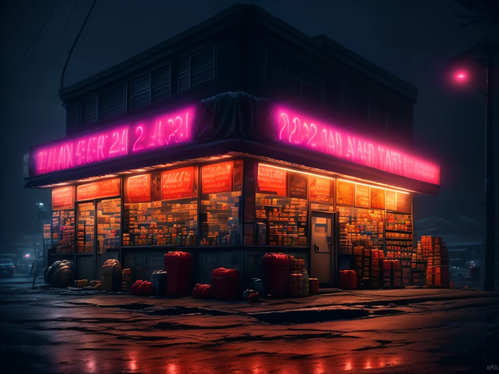 general shot, ((large midnight convenience store with neon signs: 1.5)), (town, street at midnight, wind, flying papers, puddles of water in the streets, car parking, ((sign with text, "24 hour store" in neon magenta:1.3), vintage cars, street lamps lighting, heavy rain, dark and cold night:1.3), masterpiece, hyper realistic, highly detailed and well defined, award-winning image, beautiful photography , CG K: 1.4, 8k