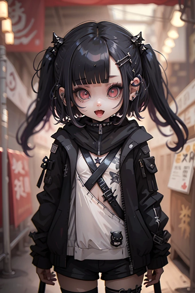 photorealistic,Figure, (chibi, flat, Nendoroid:1.5,plastic),1girl,cute, kawaii,small kid,smile,open mouth,hair floating,black hair and mesh by white,bobcut hair,pale skin,skin color blue,eyes are red,red eyes shining,big eyes,(tight tube top),breast,tight hot pants,crow pose,stomach seen little,punk fashion,beautiful lighting, volumetric lighting, dynamic angle, (photographic portrait), sharp,