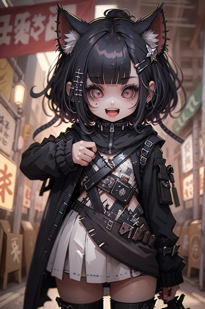 photorealistic,Figure, (chibi, flat, Nendoroid:1.5,plastic),1girl,cute, kawaii,smile,open mouth,hair floating,black hair and mesh by white,bobcut hair,pale skin,skin color blue,eyes are red,red eyes shining,big eyes,(tight tube top),breast,tight hot pants,crow pose,stomach seen little,punk fashion,beautiful lighting, volumetric lighting, dynamic angle, (photographic portrait), sharp,