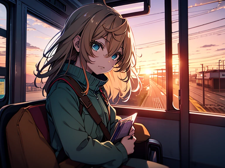 A beautiful anime girl with light brown hair and green eyes, wearing a white , sits in the train looking out the window at sunset. In front is an empty bus stop. The sky above has orange clouds and purple hues. A blue cargo ship can be seen far away in the distance. The style is reminiscent of an anime artist