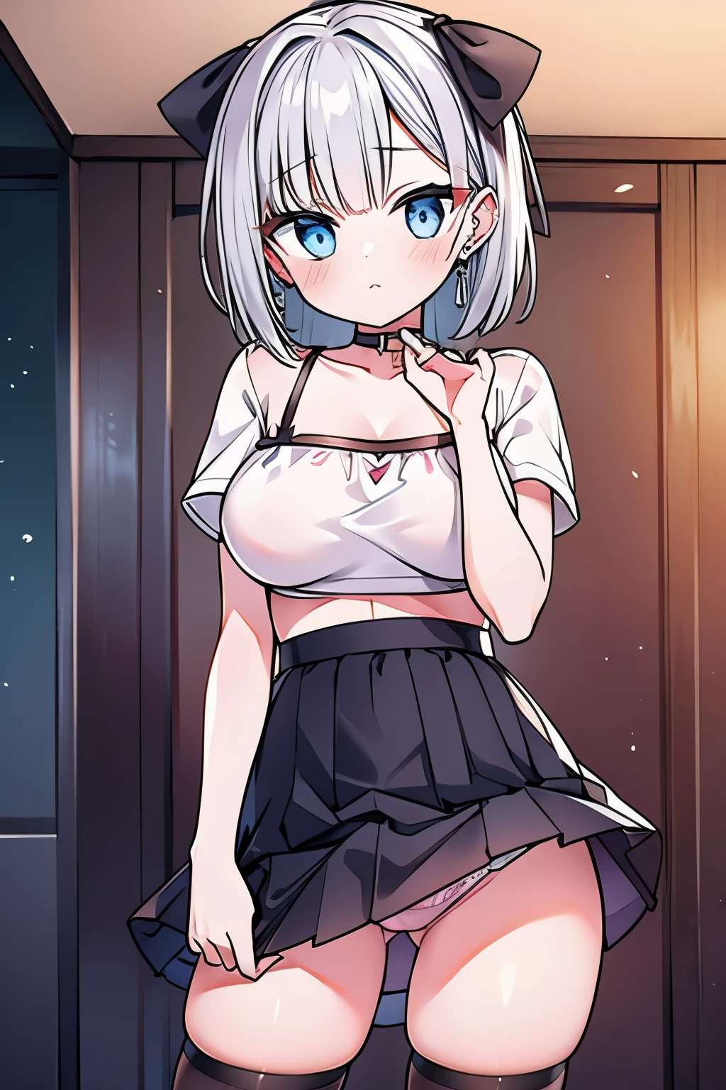 Mine series　Two Toneの髪　pink　black　G cup　skirt　Thighhighs　choker　ribbon　bob　masterpiece　highest quality　High resolution　blue eyes　short sleeve　blackい服　
big breasts　Two Tone　Show panties　bra　underwear　　Show bra　shame　earrings　shyness　blush　female brat　Silver　Erotic　sexual　adult　inner color