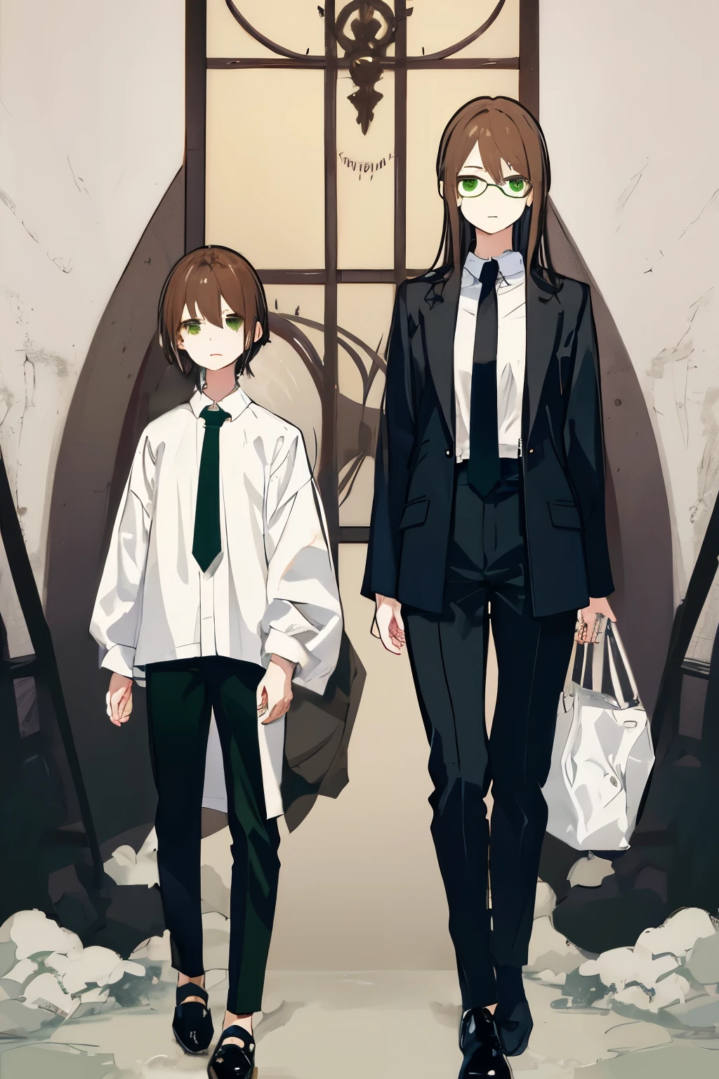 8K delicate perfect real 2D whole body photo、through background、To the tips of the shoes、black suit jacket、white shirt、tie、Black pantsuit、whole body、serious、bare hands、young woman 、Slender、brown hair、long hair、With parting、green eyes、Glasses、 delicate face, Childish look