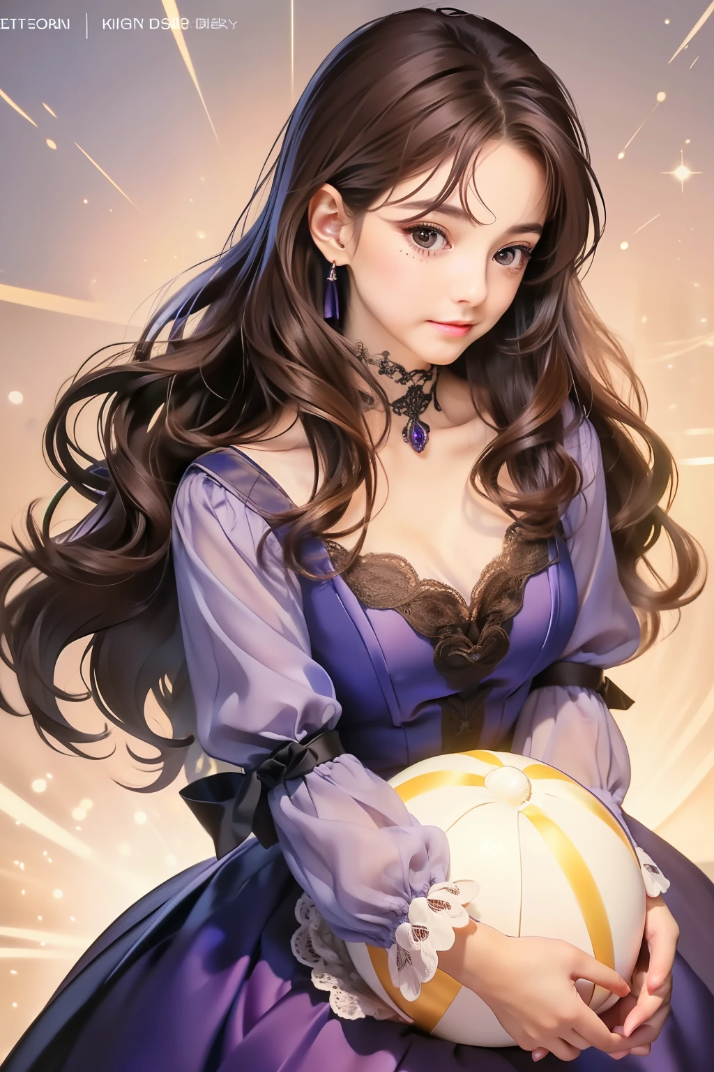 masterpiece, best quality, realistic, mature female, cute, 15 years old, closed mouth, portrait, extremely detailed face, soft smile, (dark purple eyes), ((long wavy brown hair), ((front bangs hair)), [thin eyebrows], ((long sleeve simple elegant ball dress)), no makeup, light smile, ear blush, light blush, short eyelashes, full body
