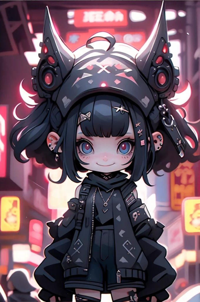 photorealistic,Figure, (chibi, flat, Nendoroid:1.5,plastic),1girl,cute, kawaii,small ???,smile,hair floating,black hair and mesh by white,bobcut hair,pale skin,skin color blue,eyes are red,red eyes shining,big eyes,(tight tube top),breast,tight hot pants,crow pose,stomach seen little,punk fashion,beautiful lighting, volumetric lighting, dynamic angle, (photographic portrait), sharp,