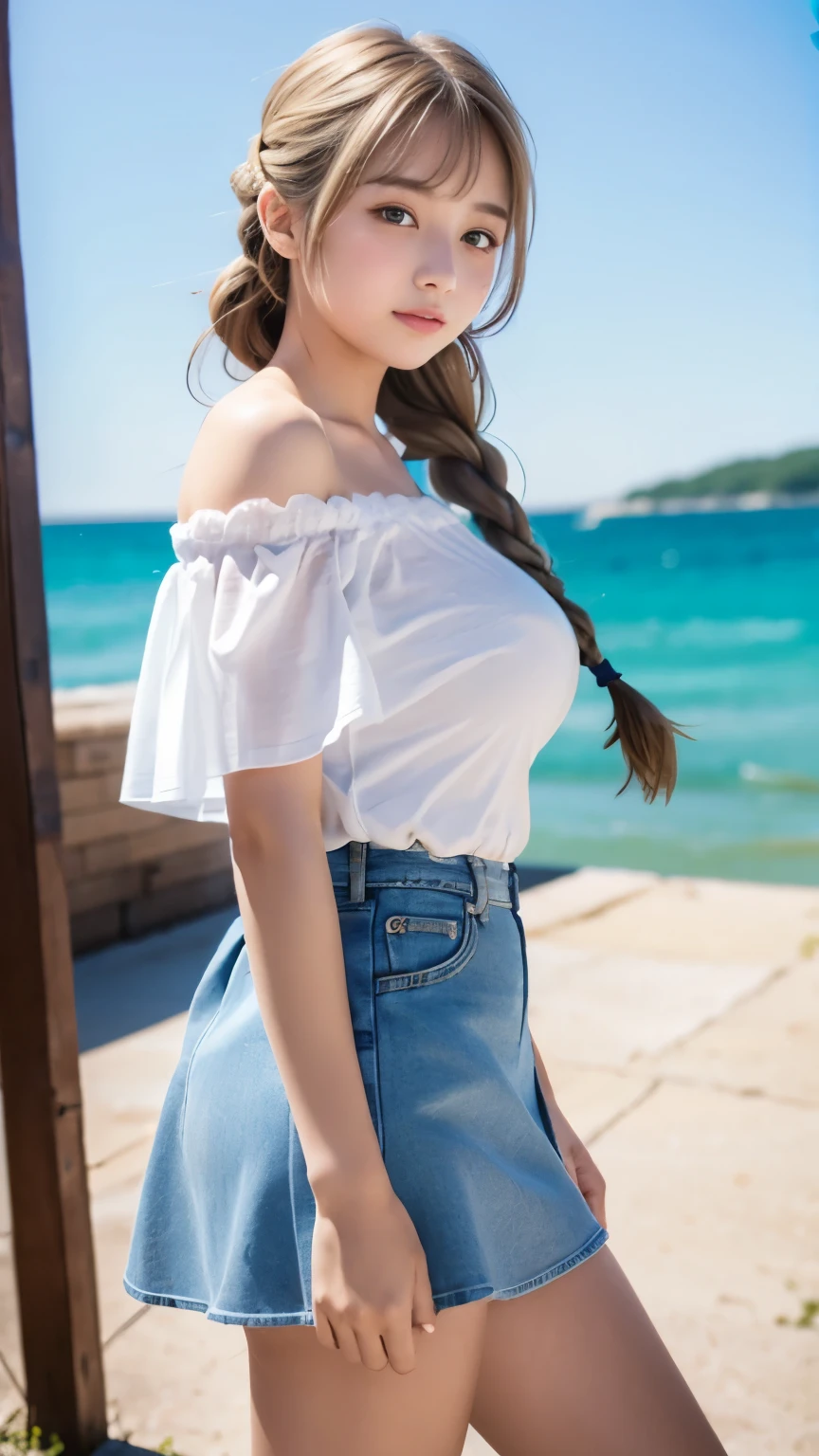 sexy big breasts、Sexy cute looks and cute 15 year old beautiful girl, Beautiful and sexy face、The strong wind blows the hair in front of my face、Blonde French braids with cute and sexy eyes hidden by long bangs、Off-the-shoulder t-shirt、Tulle miniskirt