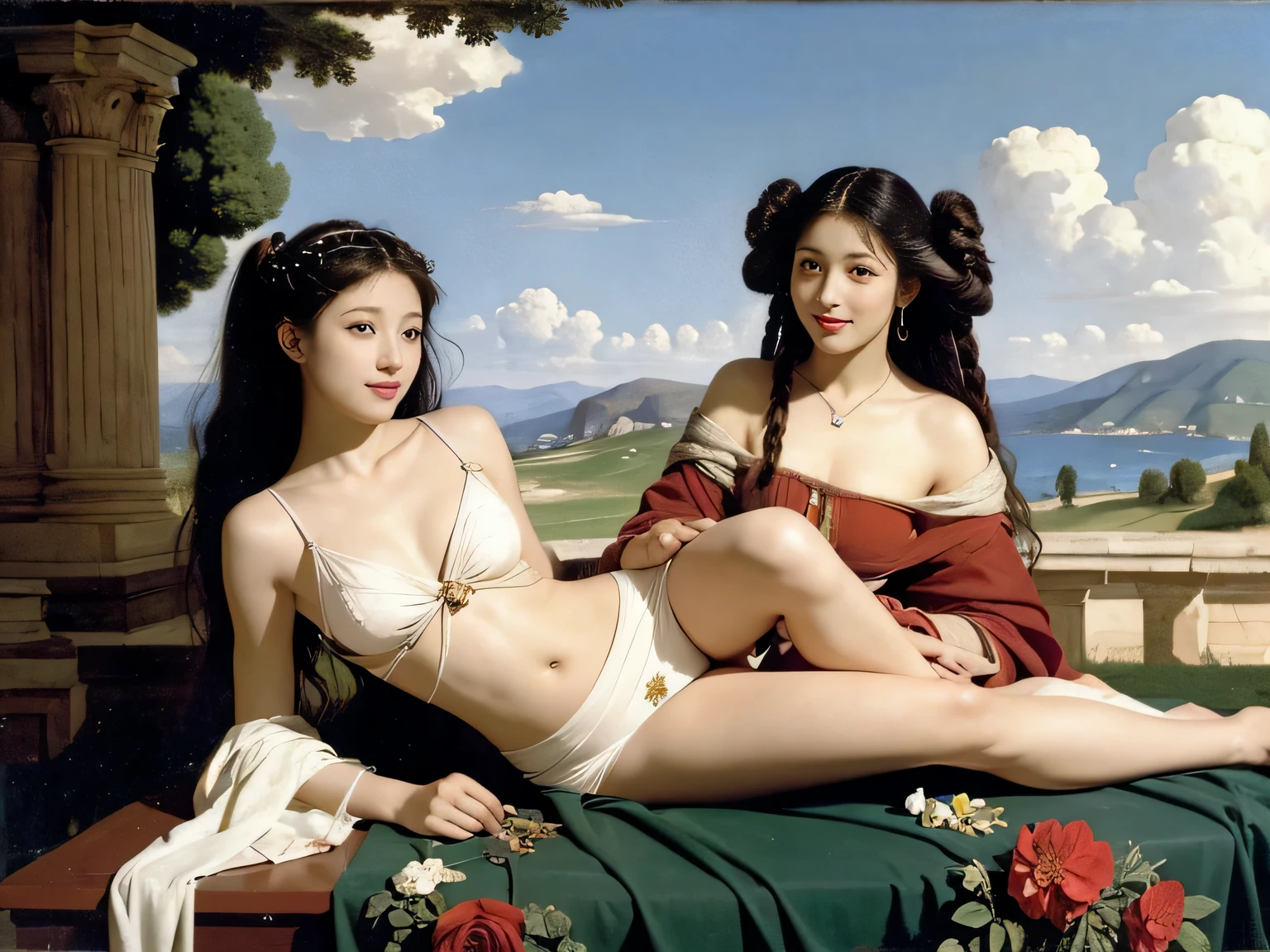 full body portrait or statue、Giorgione painting style,Arguments of two female Philosophe,math、astronomical machine、astronaut、roses in vase、fruits、Cute trinkets、smile、ancient greek costume、Ancient Roman landscape in the style of Nicolas Poussin,laughter,,Sweet and seductive appearance.、Caravaggio's paintings、Chiaroscuro of Caravaggio、hair tousled by the wind,Two women frolicking,cute smile, expression of ecstasy,Sexy,erotic
