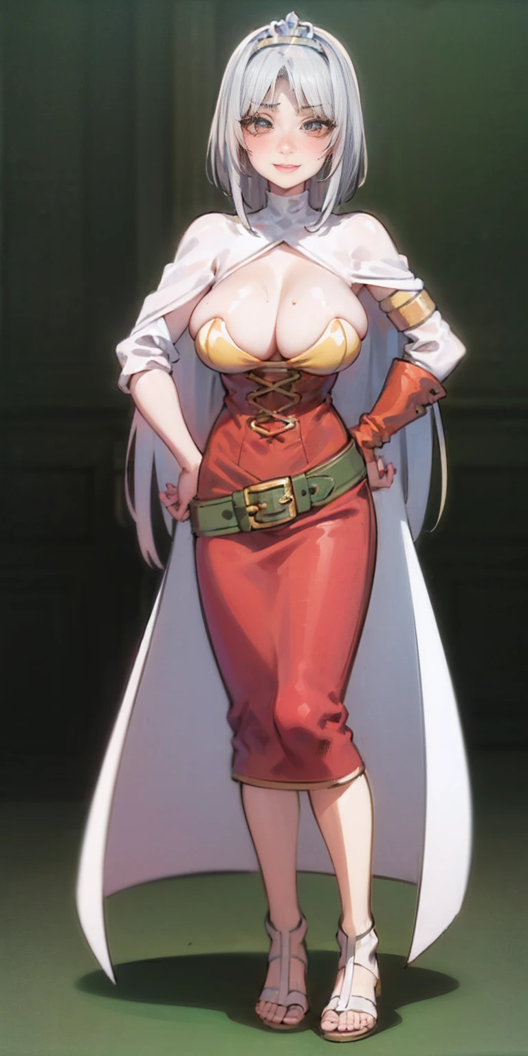 ((BLACK BACKGROUND,1:2, masterpiece)), full body MILF BIMBO standing with two long thighs and two high heels, red eyes, silver white hair, short bob style hair, big breasts, cleavage, separate sleeves, tiara royal, long cape up to two feet, yellow bikini, hands on waist, navel, lustful smirking smiling, smile face (red blushed, red cheeks), metal shoulders, gold sleeveless armbands, black leather choker slave collar, shackle bracelets, sex slave red crest, full body MILF BIMBO standing with two long thighs and two metal sandals, red eyes, silver white hair, short bob style hair, big breasts, cleavage, separate sleeves, tiara royal, long cape up to two feet, yellow bikini, hands on waist, navel, lustful smirking smiling, smile face (red blushed, red cheeks), metal shoulders, gold sleeveless armbands, black leather choker slave collar, shackle bracelets, sex slave red crest, pauldrons, breastplate, corset, eye focus, full body, whole body. 1solo . slave fighter, loincloth standing, hands on hips, metal sandals, backpack, choker, big belt, view from below, feet together, bracers, tiara)