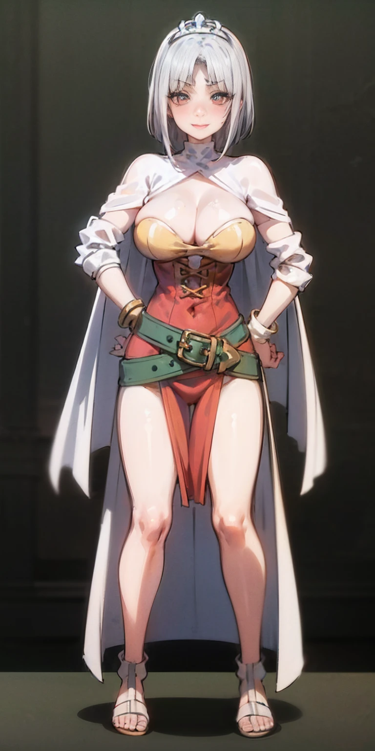((BLACK BACKGROUND,1:2, masterpiece)), full body MILF BIMBO standing with two long thighs and two high heels, red eyes, silver white hair, short bob style hair, big breasts, cleavage, separate sleeves, tiara royal, long cape up to two feet, yellow bikini, hands on waist, navel, lustful smirking smiling, smile face (red blushed, red cheeks), metal shoulders, gold sleeveless armbands, black leather choker slave collar, shackle bracelets, sex slave red crest, full body MILF BIMBO standing with two long thighs and two metal sandals, red eyes, silver white hair, short bob style hair, big breasts, cleavage, separate sleeves, tiara royal, long cape up to two feet, yellow bikini, hands on waist, navel, lustful smirking smiling, smile face (red blushed, red cheeks), metal shoulders, gold sleeveless armbands, black leather choker slave collar, shackle bracelets, sex slave red crest, pauldrons, breastplate, corset, eye focus, full body, whole body. 1solo . slave fighter, loincloth standing, hands on hips, metal sandals, backpack, choker, big belt, view from below, feet together, bracers, tiara)
