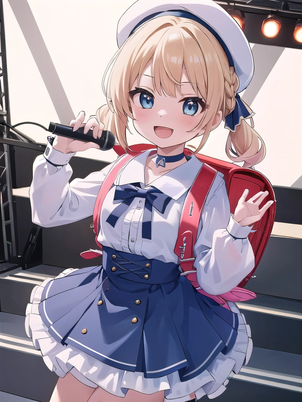 masterpiece, best quality, highres, 1girl, blonde hair, medium hair, idol dress,frilled dress , short twintails, braid, beret, white headwear, hat bow, choker, bowtie, blue dress, long sleeves, wrist cuffs, stage, smile, open mouth, holding microphone, wearing school backpack, (backpack:1.1), red backpack