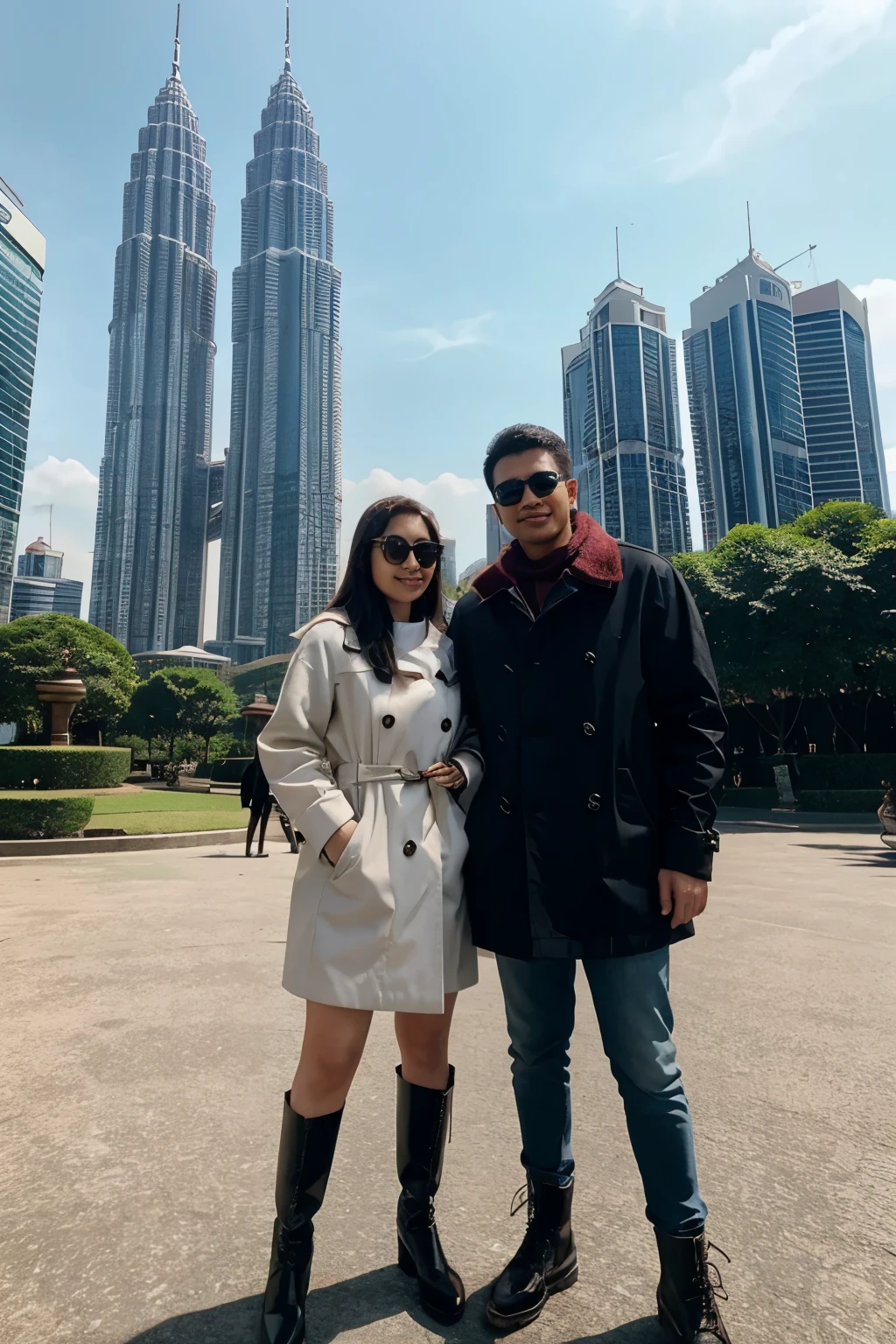 araffes take a selfie of a romantic Indonesian couple in front of the petrona towers wearing cool coats and boots ootd selebgram, with towers, twin towers, kuala lumpur, with photos of their long vacation, views, with sunglasses, real!!!, tourist destinations, skyscrapers sky in the background, selfie photo, taken while go pro hero8, instagram picture, lovely couple