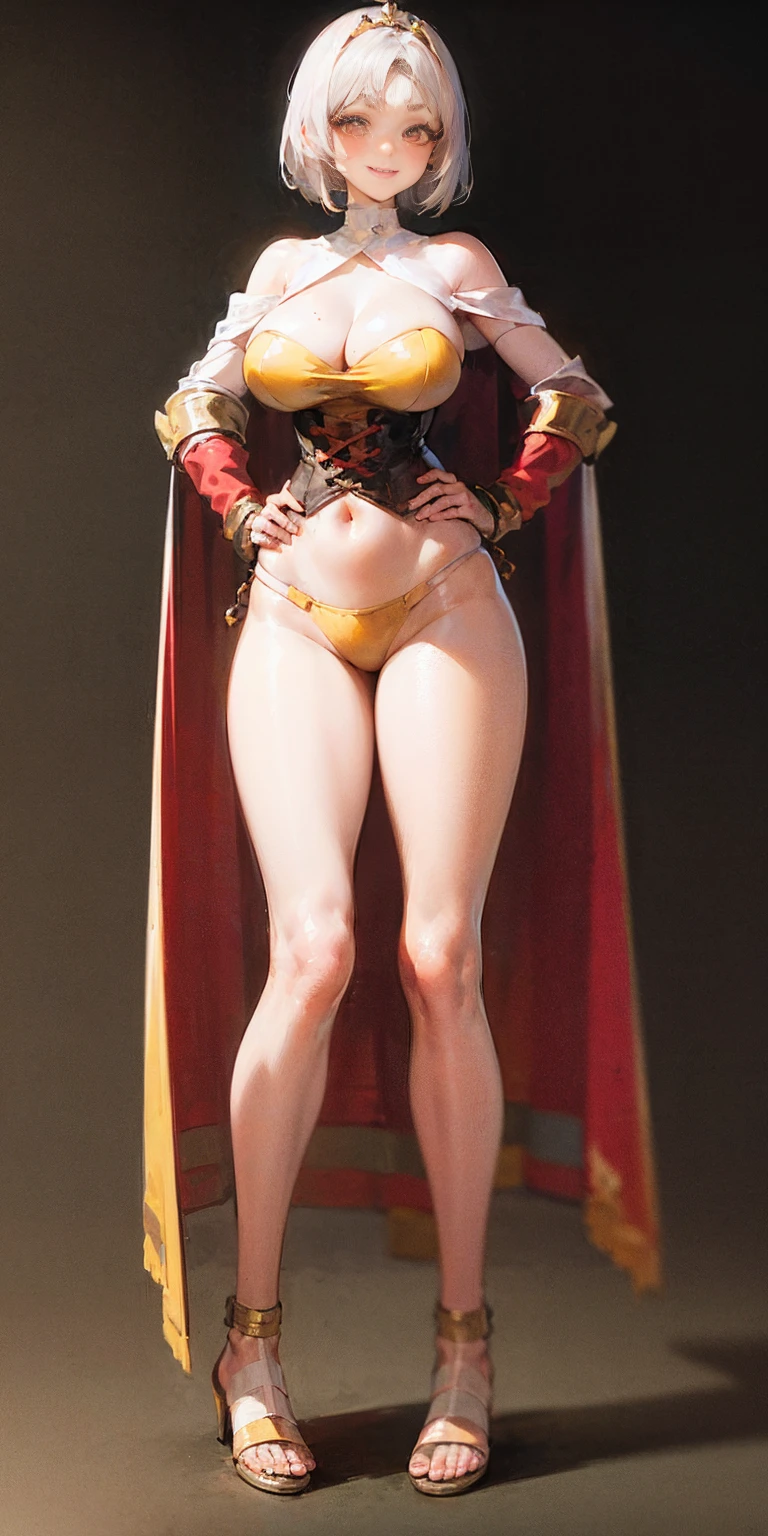 ((BLACK BACKGROUND,1:2, masterpiece)), full body MILF BIMBO standing with two long thighs and two high heels, red eyes, silver white hair, short bob style hair, big breasts, cleavage, separate sleeves, tiara royal, long cape up to two feet, yellow bikini, hands on waist, navel, lustful smirking smiling, smile face (red blushed, red cheeks), metal shoulders, gold sleeveless armbands, black leather choker slave collar, shackle bracelets, sex slave red crest, full body MILF BIMBO standing with two long thighs and two metal sandals, red eyes, silver white hair, short bob style hair, big breasts, cleavage, separate sleeves, tiara royal, long cape up to two feet, yellow bikini, hands on waist, navel, lustful smirking smiling, smile face (red blushed, red cheeks), metal shoulders, gold sleeveless armbands, black leather choker slave collar, shackle bracelets, sex slave red crest, pauldrons, breastplate, corset, eye focus, full body, whole body. 1solo . slave fighter, loincloth standing, hands on hips, metal sandals, backpack, choker, big belt, view from below, feet together, bracers, tiara)