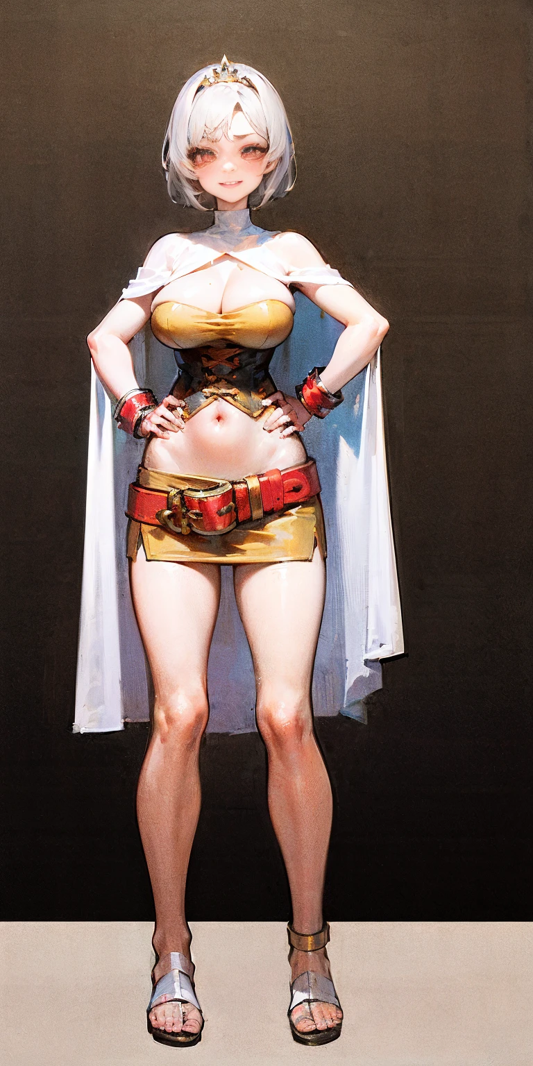 ((BLACK BACKGROUND,1:2, masterpiece)), full body MILF BIMBO standing with two long thighs and two high heels, red eyes, silver white hair, short bob style hair, big breasts, cleavage, separate sleeves, tiara royal, long cape up to two feet, yellow bikini, hands on waist, navel, lustful smirking smiling, smile face (red blushed, red cheeks), metal shoulders, gold sleeveless armbands, black leather choker slave collar, shackle bracelets, sex slave red crest, full body MILF BIMBO standing with two long thighs and two metal sandals, red eyes, silver white hair, short bob style hair, big breasts, cleavage, separate sleeves, tiara royal, long cape up to two feet, yellow bikini, hands on waist, navel, lustful smirking smiling, smile face (red blushed, red cheeks), metal shoulders, gold sleeveless armbands, black leather choker slave collar, shackle bracelets, sex slave red crest, pauldrons, breastplate, corset, eye focus, full body, whole body. 1solo . slave fighter, loincloth standing, hands on hips, metal sandals, backpack, choker, big belt, view from below, feet together, bracers, tiara)