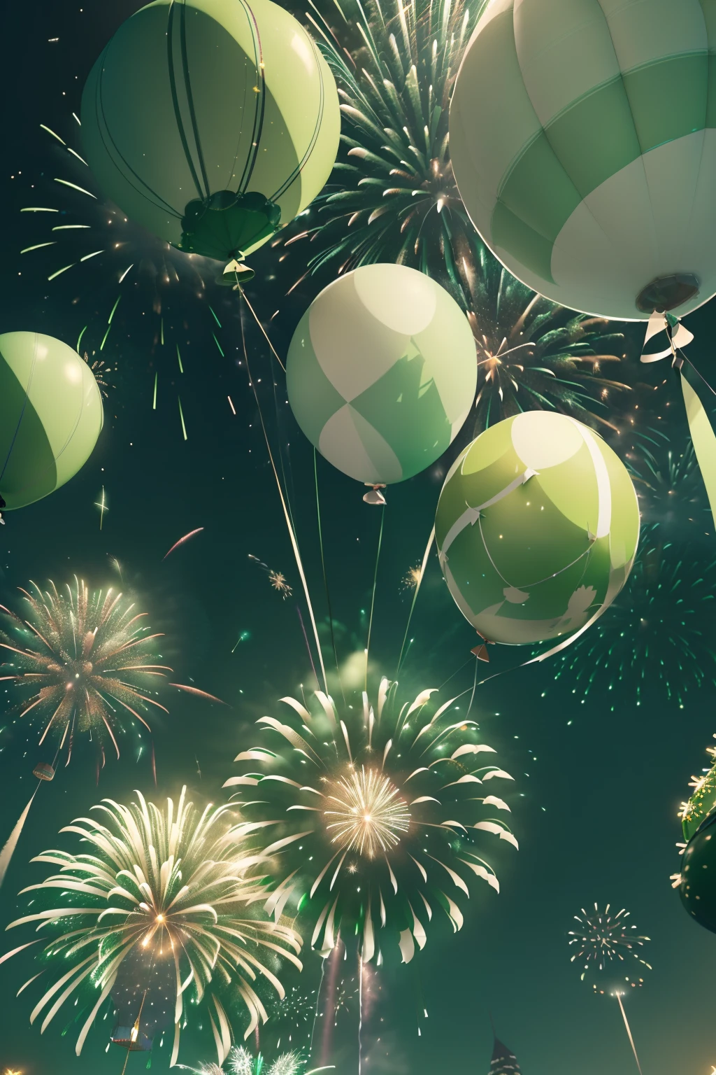 A stunning 3D image featuring the text "3K" in both green and white colors, elegantly hovering against a captivating dark green background. Surrounding the text are vibrant green and white balloons, adding a playful and festive touch to the scene. In the distance, mesmerizing fireworks burst in a brilliant display of colors, illuminating the night sky and enhancing the overall enchantment of this enchanting picture.

((3D Image:1.35)), (((green and white colors:1.37))), dark green background, ((vibrant green and white balloons:1.25)), (((fireworks in the background:1.2