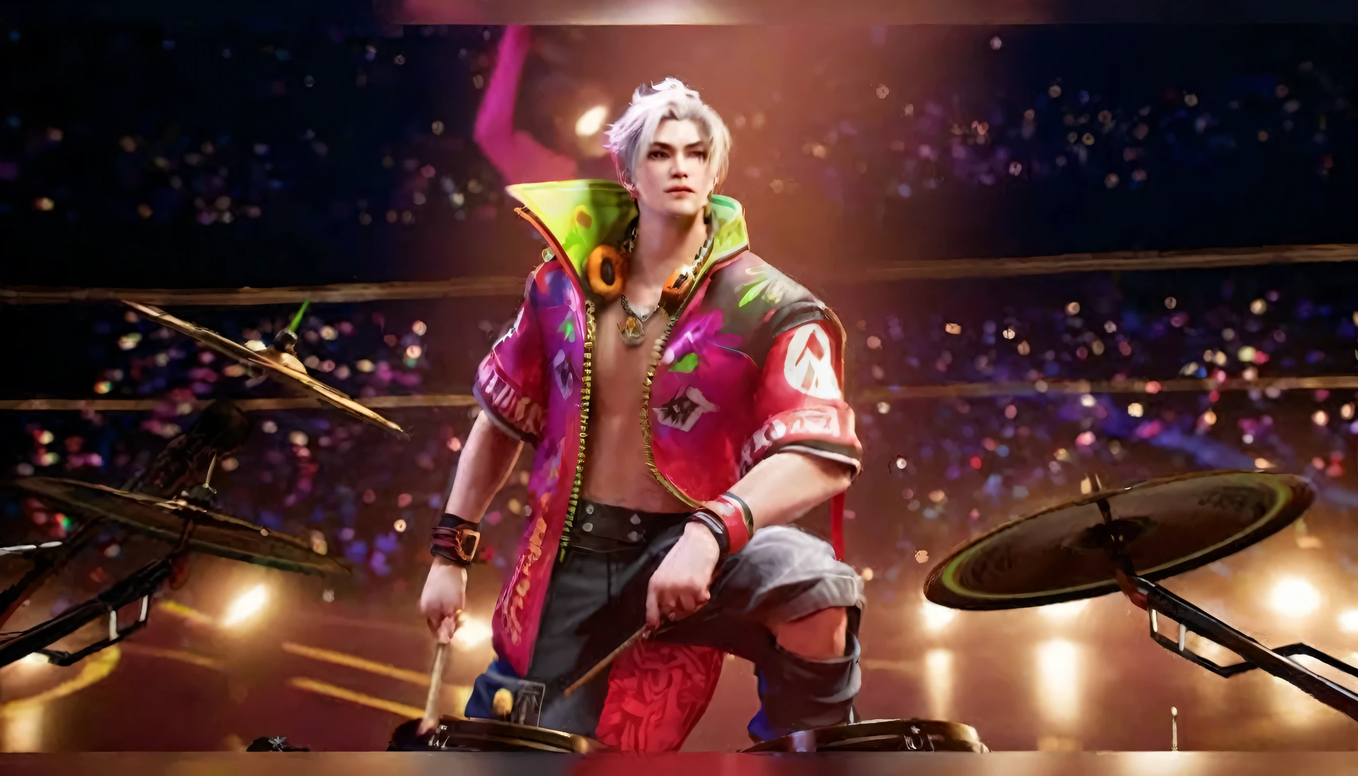 a close up of a person standing on a stage with a drum, as a character in tekken, xqc, character from king of fighters, in the style of sifu 🔥 😎 🕹️ 👀 :2, fighting game character, thancred waters in style of wlop, king of fighters style, 8k artgerm bokeh, he is a rockstar