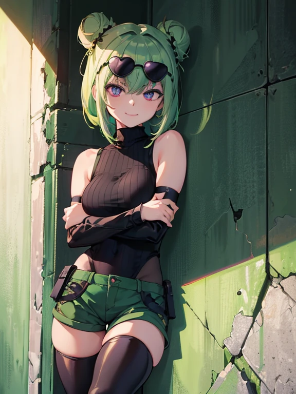 (highres), (best quality), (detailed) 1 girl, alone, medium hair, pastel green hair, twin buns, evil smile, violet eyes, round black sunglasses on head, black sleeveless turtleneck top, green shorts, dark brown boots, day time, abandoned place, wall, provoking pose