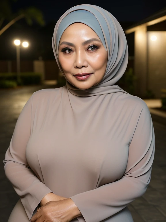 (masterpiece) 59 Years old, Indonesian mature woman, wearing elegant wide Hijab, (perfect curvy body), (gorgeus face), (gorgeous eyes), natural makeup, Soft smile, at Nigh time, outdoor photography, professional photography with great lighting, cool colors, Clean lines.