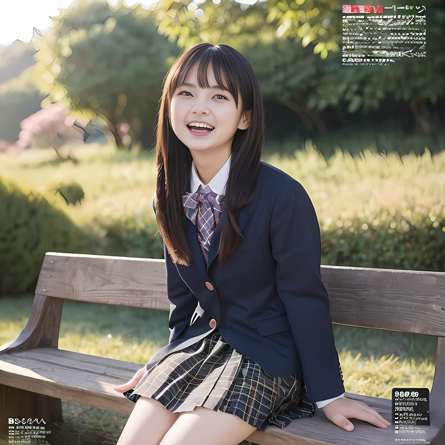 (highest quality、masterpiece:1.2)、highest quality、realistic、photograph、High resolution、1080p、8K、The face is especially pale., physical rendering、((Height: 155cm)), one Japanese girl、((A 15-year-old Japanese junior high school student is sitting)), ((((Beautiful girl fashion model in a Japanese magazine)))), , (((big very detailed beautiful dark brown eyes))), ((blue girly large wine-red glossy polyester Japanese school ribbon bow tie)), (((black beautiful long twin braids hair))), ((((deep blue colored tartan checkered formal long pleated pleated skirt)))), ((A unpatterned formal dark blue blazer in solid that is slightly oversized and has an emblem on the left chest.)), ((((((laughing at me!)))))), mouth is open, The large blazer and skirt are very cute., detailed fingers, Slender body, ((curled bangs)), so beautiful, long eyelashes, ((Very big and very very very cute eyes of a Japanese girl)), ((large pupils)), double eyelids, The entire skirt is photographed, thin eyebrows, ((drooping eyes)), ((long eyelashes)), ((cute lovely lovely laughing laughing cheeks)), ((Pure white light hits her face from above and in the front, making her skin and eyes shine beautifully.)), ((Strong light hits the nose and cheeks、It brings out the richness of the expression.)), (((((Her face is expressive, pure and very intelligent.))))), (((shot from behind)))