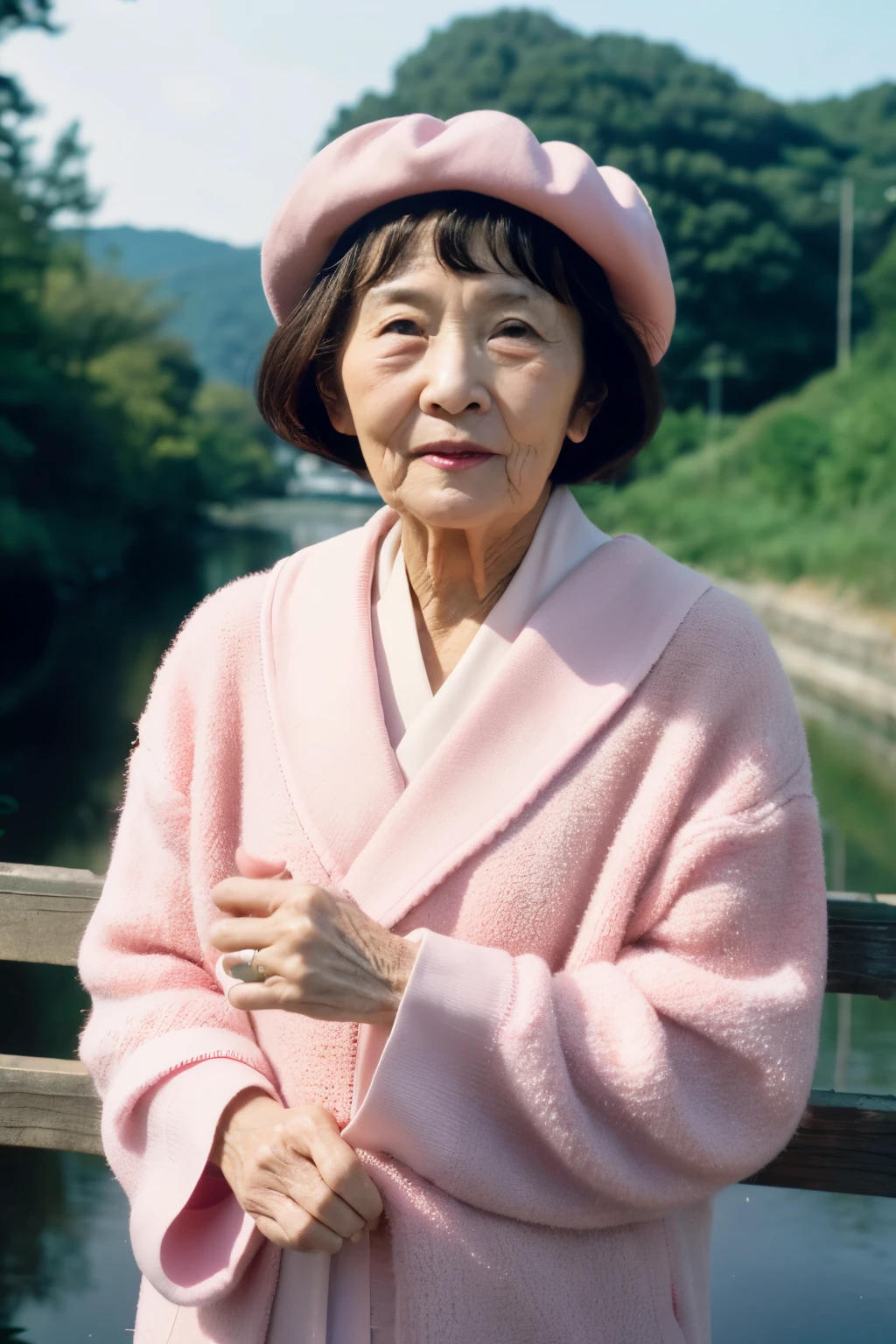 ((highest quality)), ((masterpiece)), (cinematic aesthetic:1.4) Japanese grandma wearing a pink hat