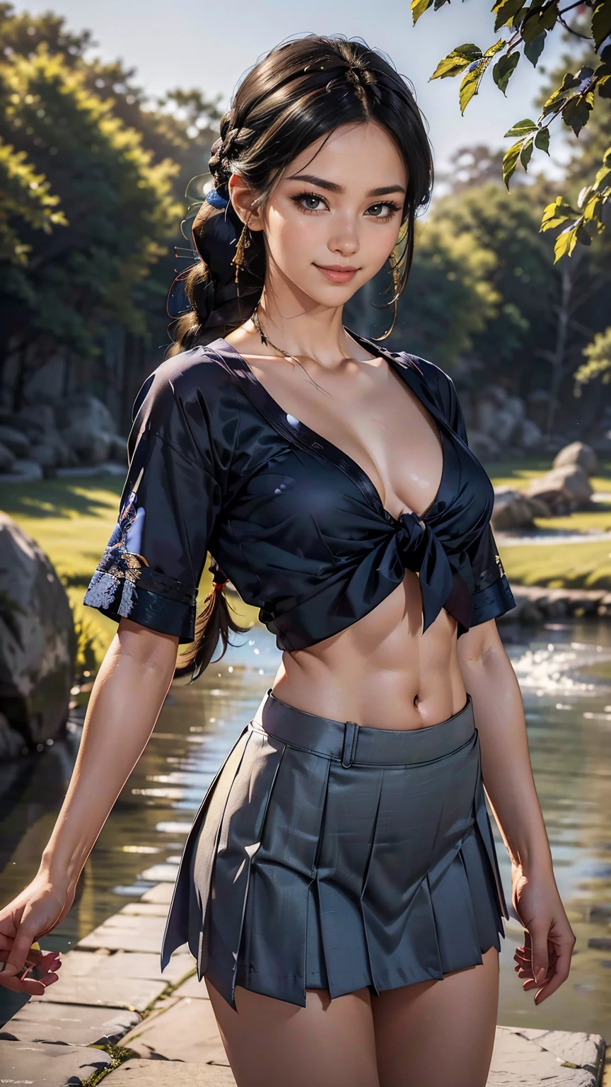 (8K, RAW photo, highest quality, masterpiece:1.2), (realistic, photo-realistic:1.37)、26 year old Japanese woman、hair is black、Eye color is indigo、long hair、I braid it lightly、Slender but well-proportioned muscular body、setting hair、I&#39;m punching my chest、accessories on the ankle、smile、I&#39;m wearing a hair band、Wearing a sheer tie-front shirt、My abs are cracked、I can see my bellybutton、Wear a navy blue low-rise micro mini pleated skirt、smile