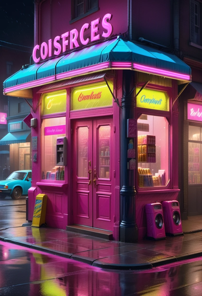 general shot, ((large midnight convenience store with neon signs: 1.5)), (town, street at midnight, wind: 1.3, flying papers: 1.3, puddles of water on the streets: 1.3, parking for cars, ((sign with text, "24 hour store" in neon magenta:1.3)), vintage cars, street lamps lighting, heavy rain, dark and cold night:1.3), masterpiece, hyper realistic, highly detailed and well defined , award-winning image, beautiful photography, CG K: 1.4, 8k