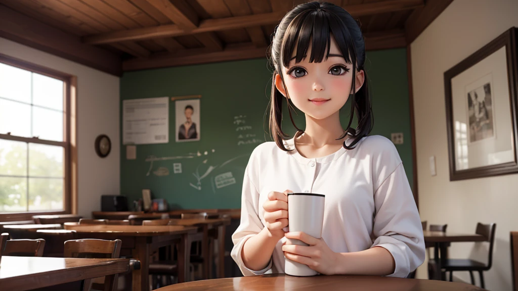 original photo, best quality), 1 girl, Kanao Tsuyuri, natural lighting, Upper body, cafes, Smile, Satosh Khan Art Style