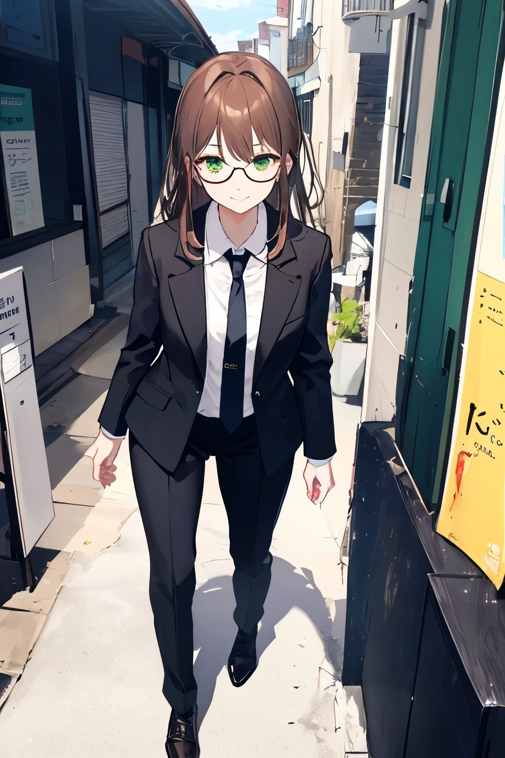 8K delicate perfect real 2D whole body photo、through background、To the tips of the shoes、black suit jacket、white shirt、tie、Black pantsuit、whole body、serious、bare hands、young woman 、Slender、brown hair、long hair、With parting、green eyes、Glasses、 delicate face, smile