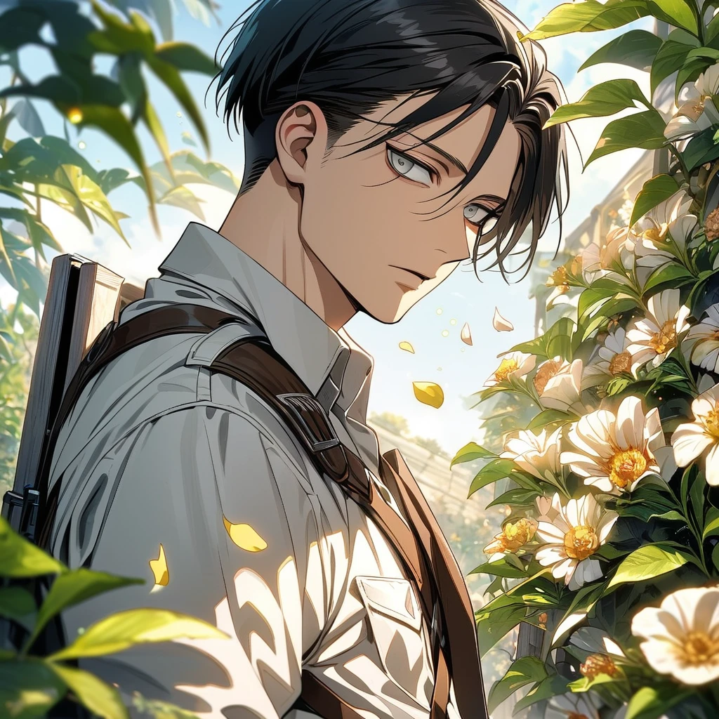 Ultra detailed, Highres, absurdres, HDR, Levi Ackerman, black hair, grey eyes, Shingeki No Kyojin, extremely handsome, 1 man only, green leaves, flowers and petals, summer